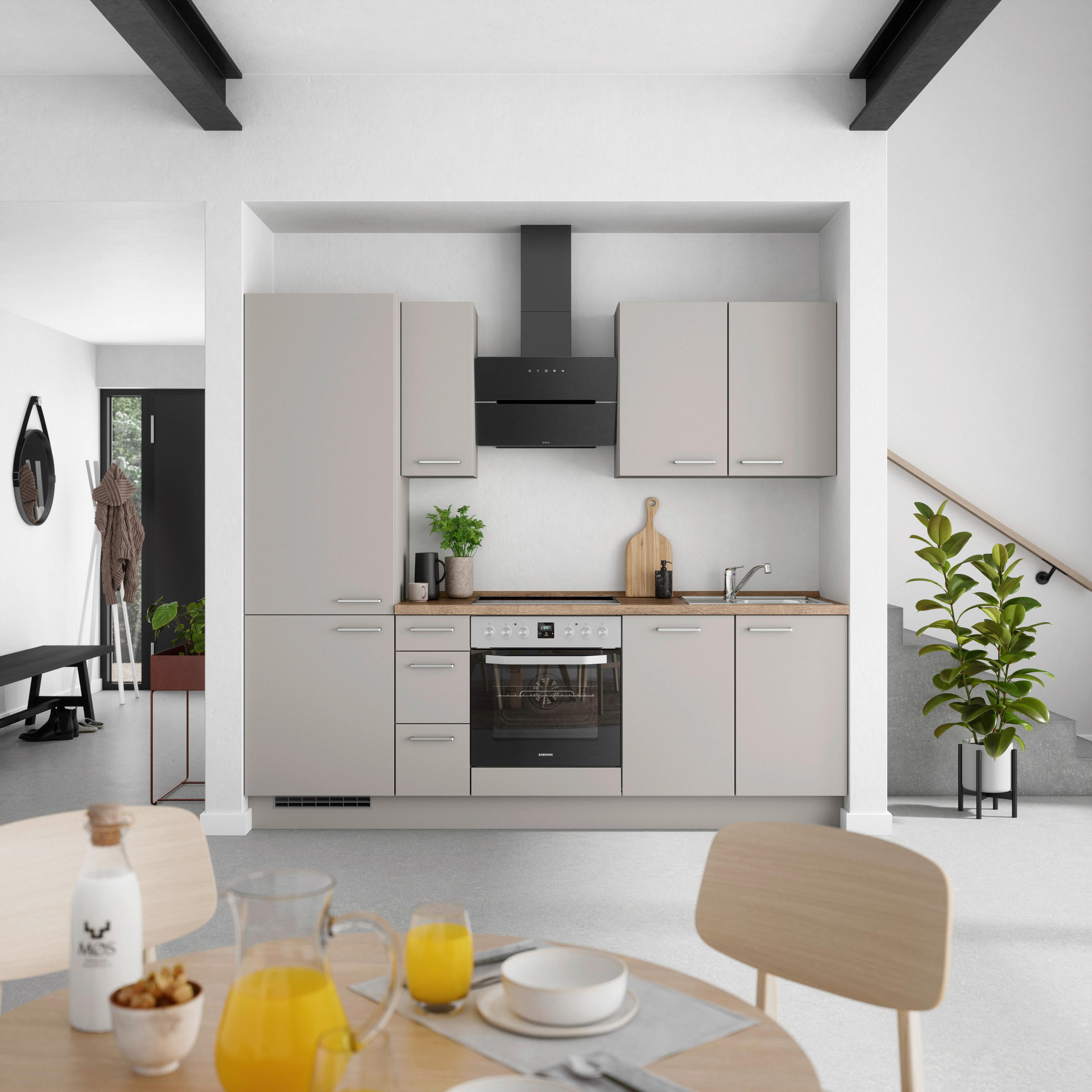 KÜCHENBLOCK 240 cm   in Grau, Eiche dunkel  - Eiche dunkel/Edelstahlfarben, MODERN, Holzwerkstoff/Metall (240cm) - Nobilia