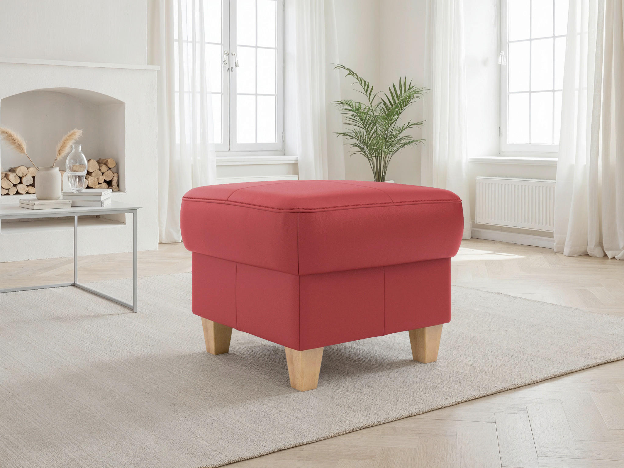 TABURETKA, koža, 58/48/58 cm - farba duba/červená, Basics, koža/drevo (58/48/58cm) - Sit & More