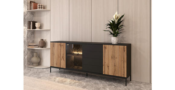 SIDEBOARD  205,8/81/38 cm 2 Schublade(n)  - Eiche Wotan/Schwarz, KONVENTIONELL, Glas/Holzwerkstoff (205,8/81/38cm) - Xora