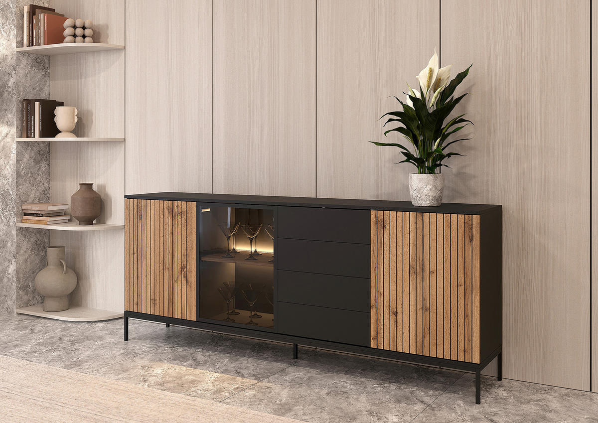 SIDEBOARD  205,8/81/38 cm 2 Schublade(n)  - Eiche Wotan/Schwarz, Konventionell, Glas/Holzwerkstoff (205,8/81/38cm) - Xora