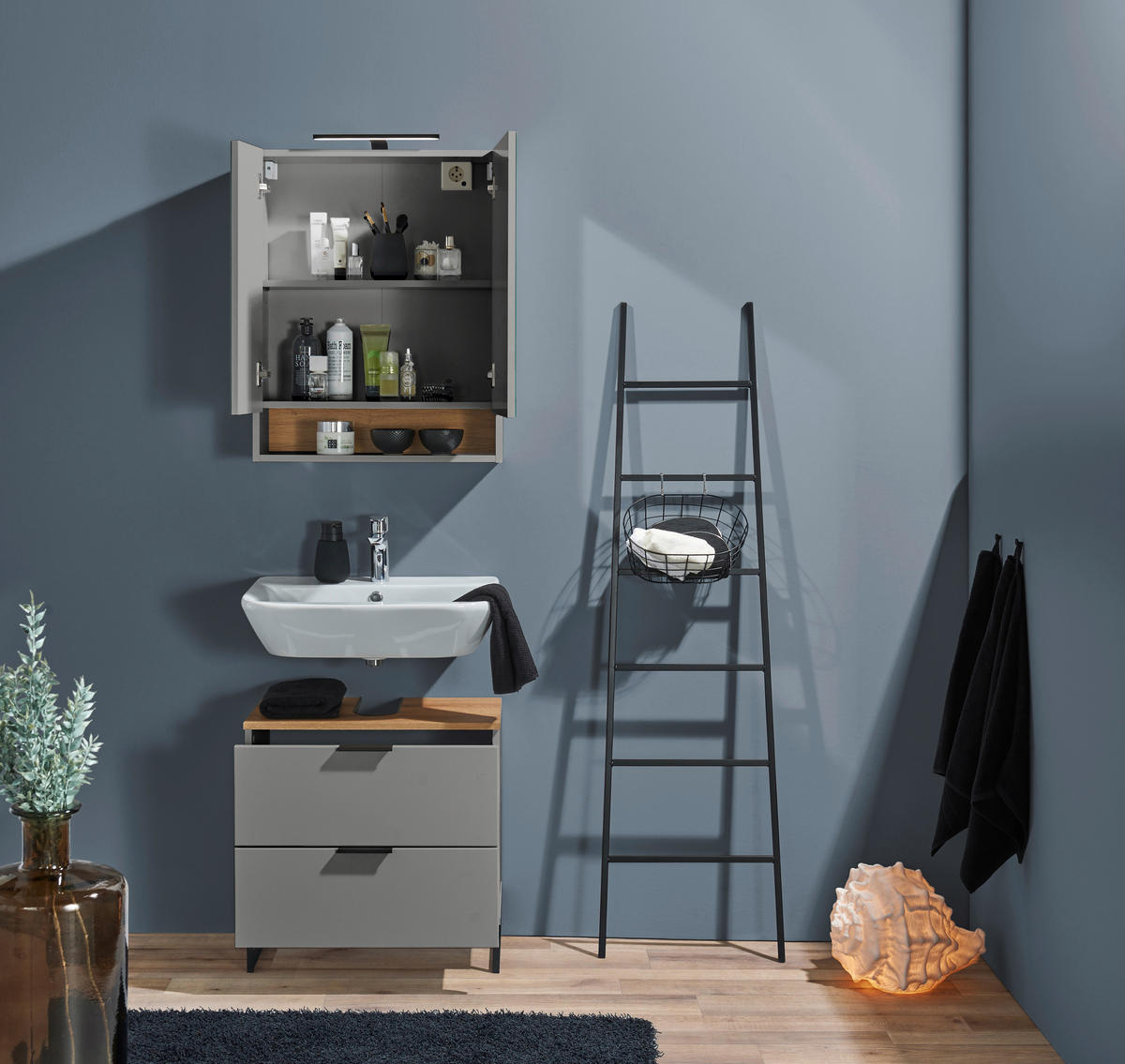 WASCHBECKENUNTERSCHRANK 60/60/35 cm  - Eichefarben/Schwarz, KONVENTIONELL, Holzwerkstoff/Metall (60/60/35cm) - home24