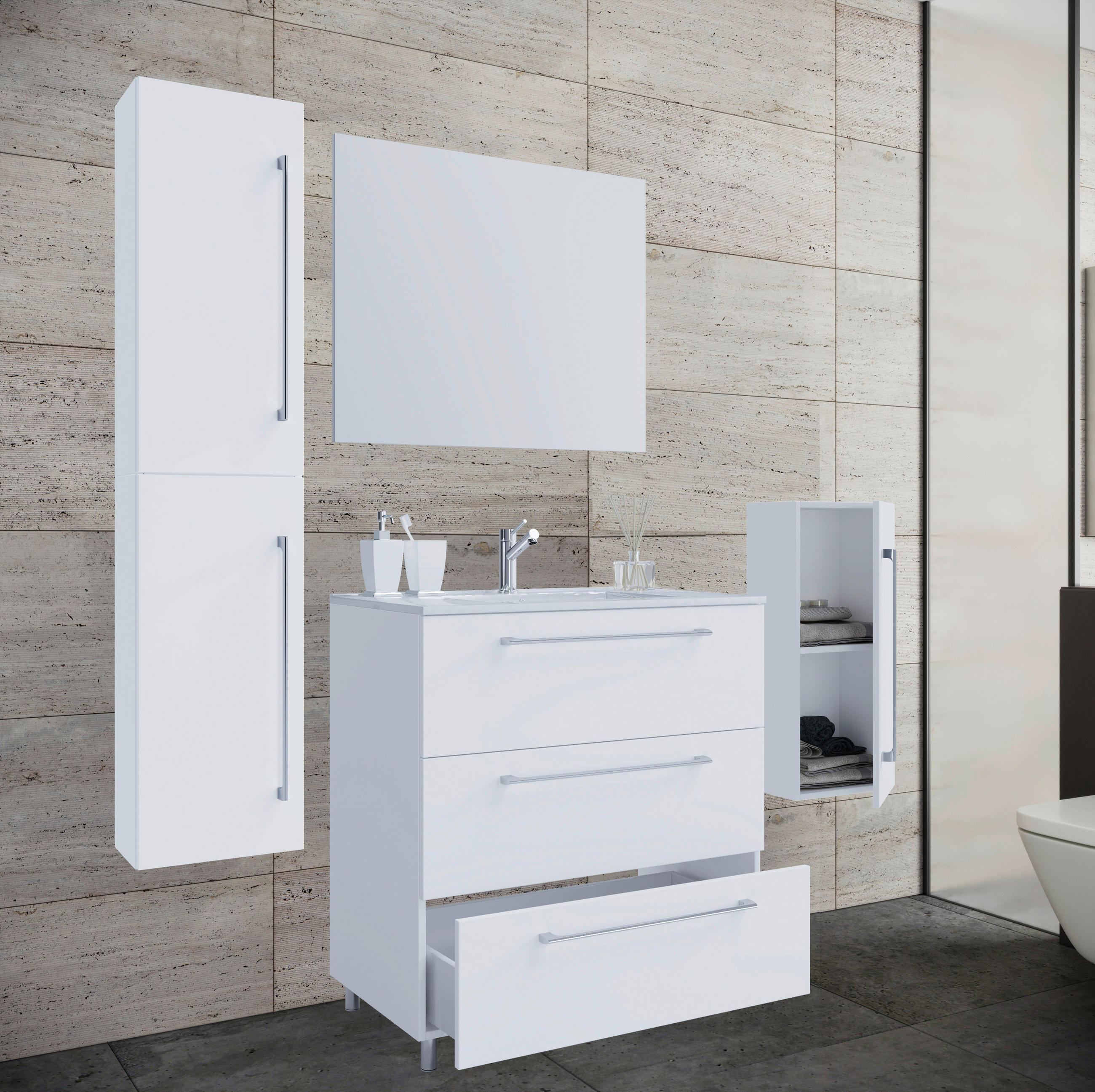 BADEZIMMER 5-teilig in 146 cm - Weiss/Alufarben, Modern, Keramik/Holzwerkstoff (146cm) - MID.YOU
