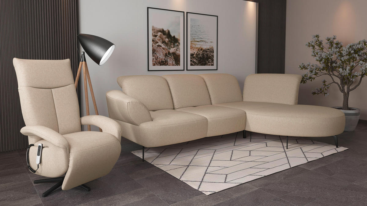 ECKSOFA DANCE E Creme Flachgewebe  - Creme/Schwarz, MODERN, Textil/Metall (313/208cm) - Sit & More