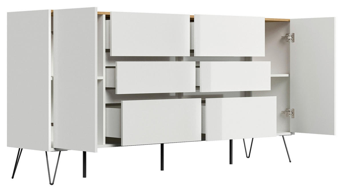 SIDEBOARD Posseik Industrial 199/93,6/42 cm 6 Schublade(n)  - Weiß Hochglanz/Eichefarben, Design, Holzwerkstoff/Metall (199/93,6/42cm) - P & B