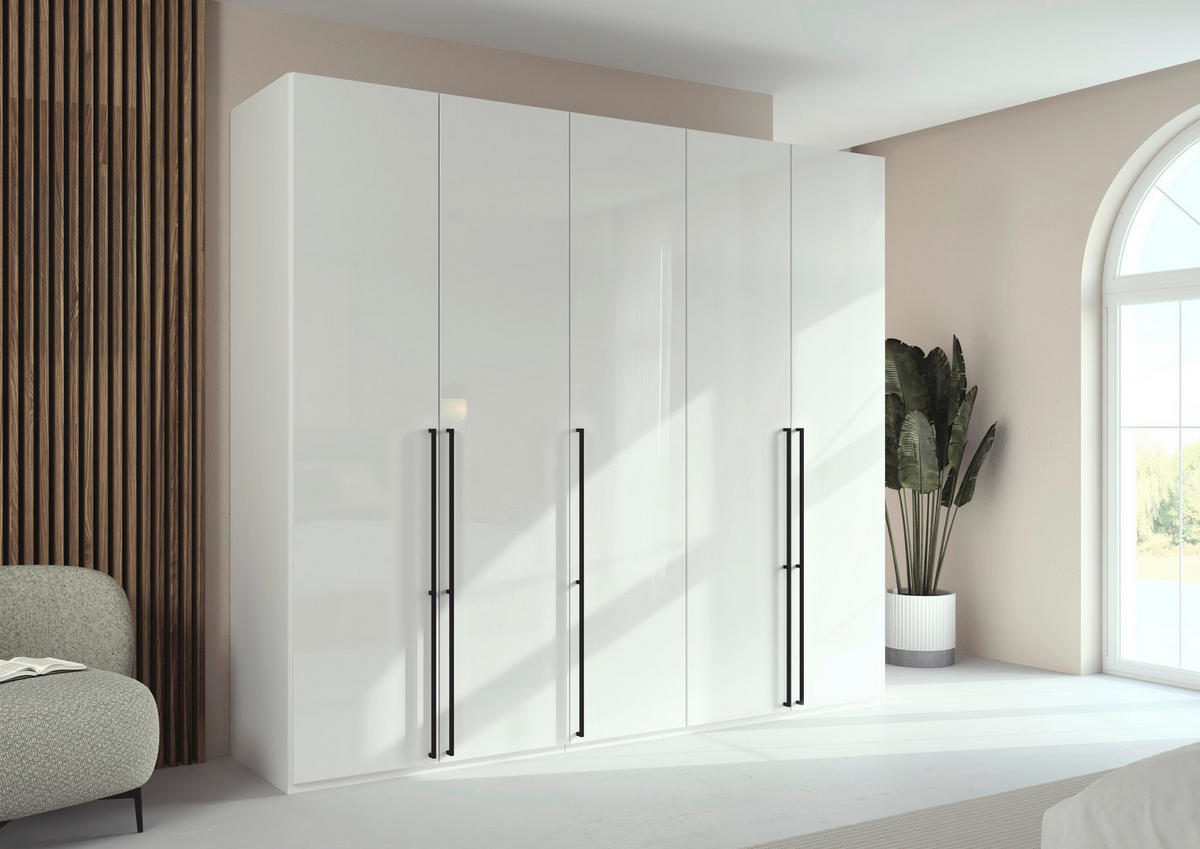 DREHTÜRENSCHRANK 251/235/61 cm,  in Weiß, Weiß Hochglanz, 5-türig  - Weiß Hochglanz/Schwarz, Basics, Holzwerkstoff/Metall (251/235/61cm) - Novel