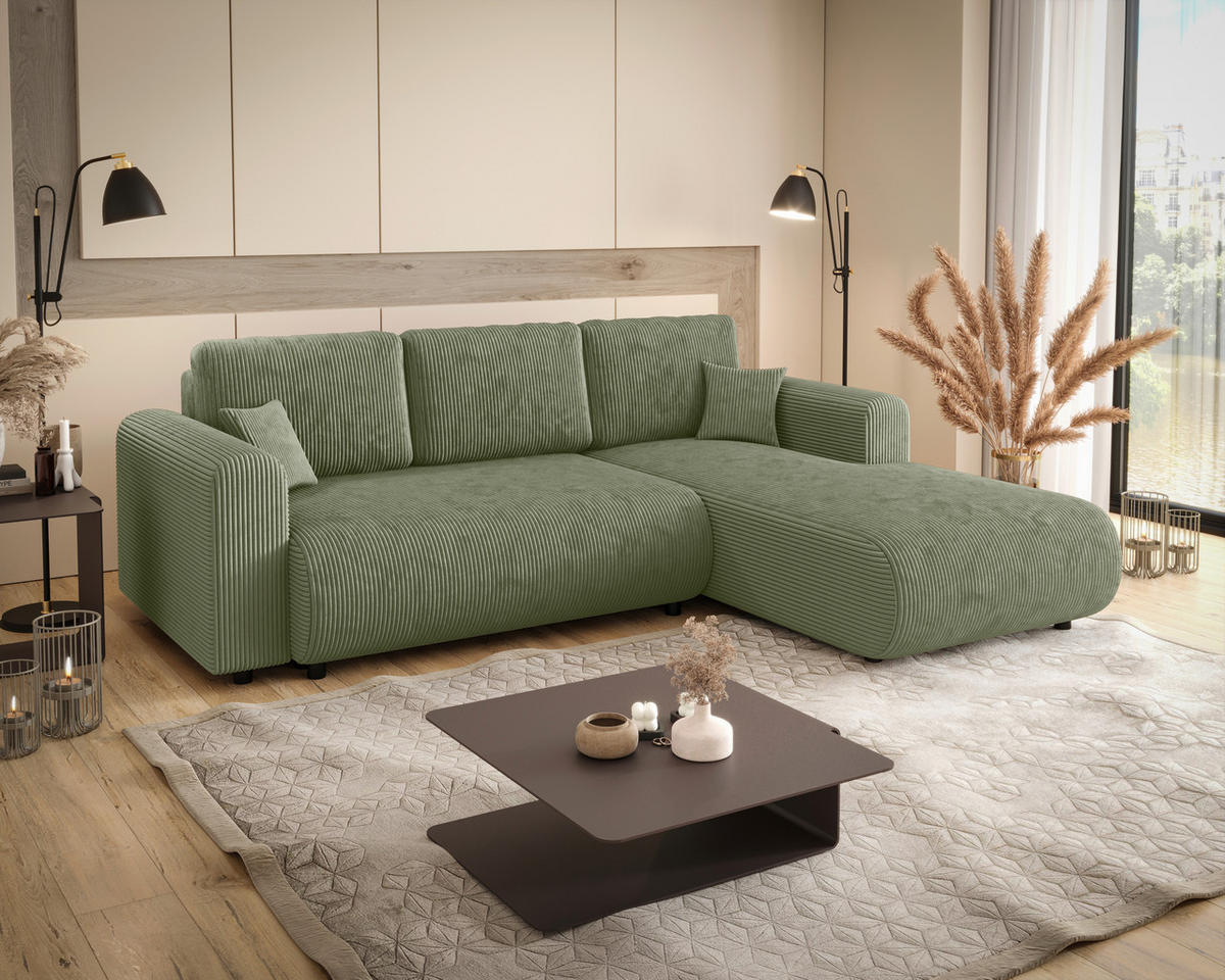 ECKSOFA inkl. Funktionen Salbeigrün Cord  - Salbeigrün/Schwarz, KONVENTIONELL, Kunststoff/Textil (260/200cm) - Xora