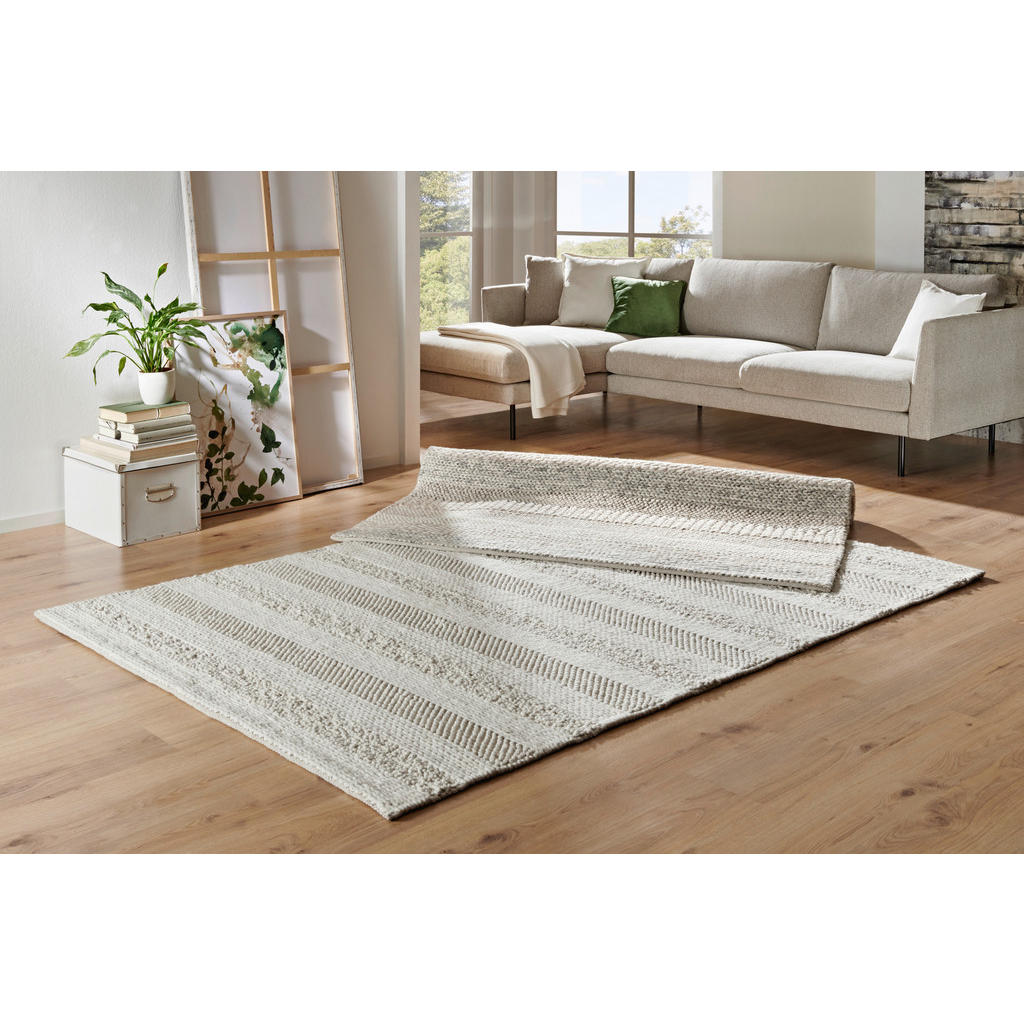Thumbnail - Linea Natura Handwebteppich Nordic Stripes, Creme, Textil, Streifen, rechteckig, 130x190 cm, pflegeleicht, leicht zusamm...