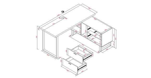 ECKSCHREIBTISCH 150/120/75 cm Schwarz, Eichefarben Kabeldurchlass, Stauraum  - Eichefarben/Schwarz, KONVENTIONELL, Holzwerkstoff/Metall (150/120/75cm) - Carryhome