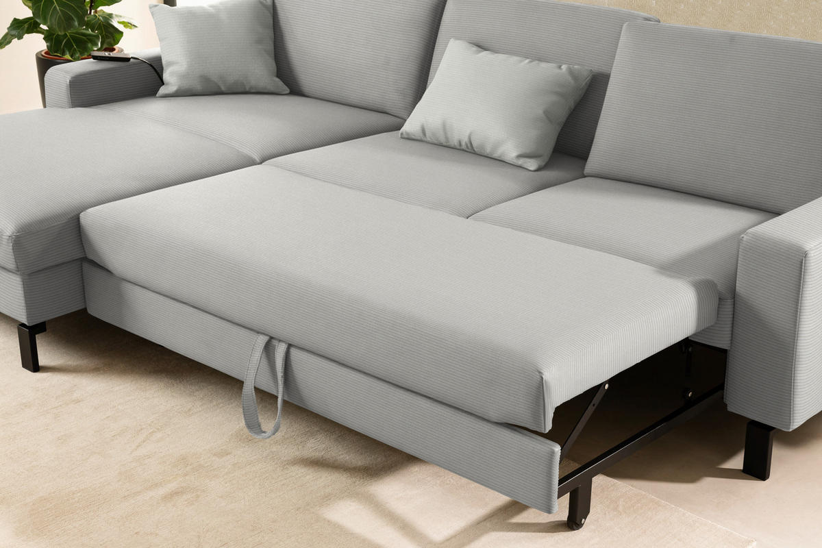 ECKSOFA  in Cord Greige Rücken echt, Sitztiefenverstellung  185/298 cm  - Greige/Schwarz, Design, Textil/Metall (185/298cm) - Pure Home Lifestyle