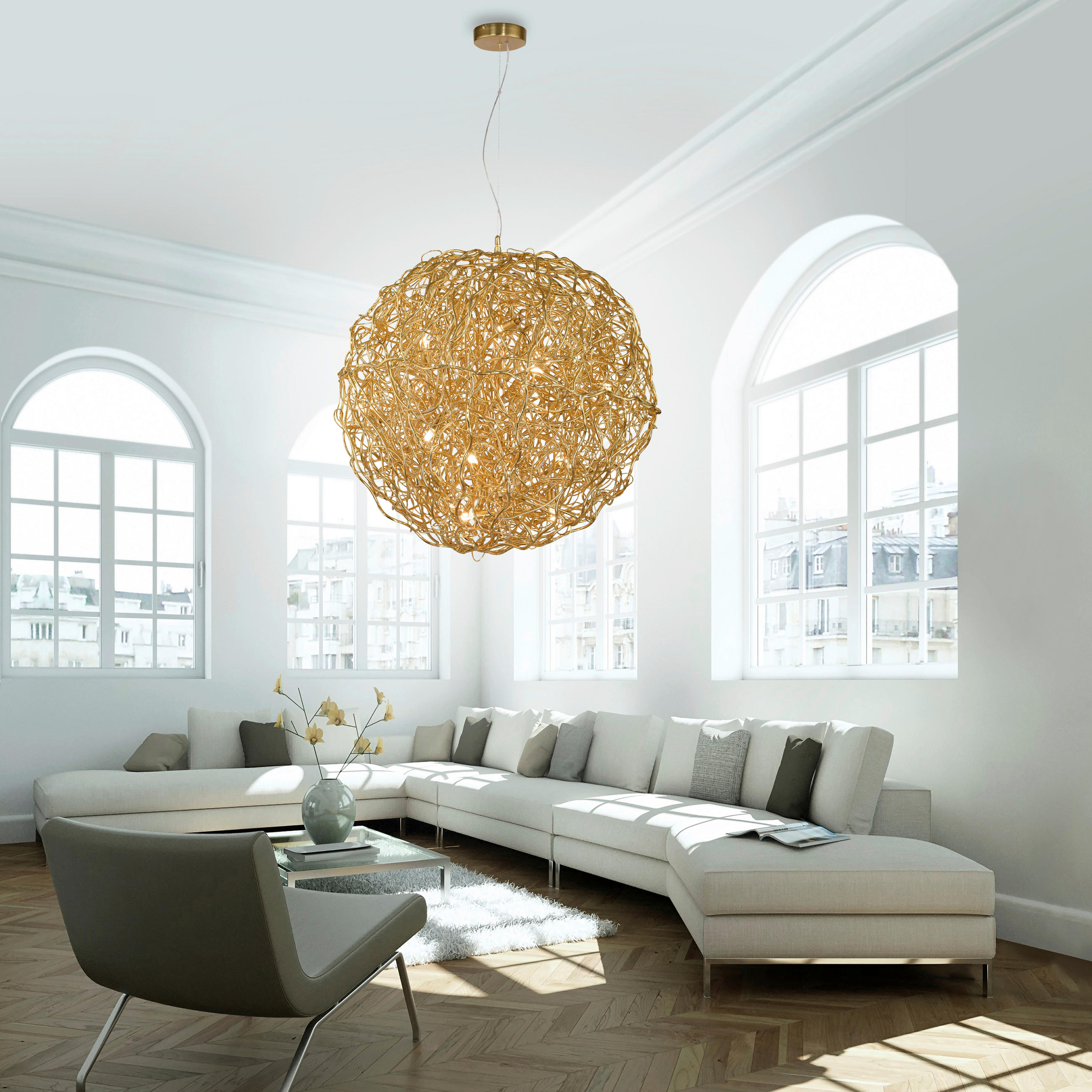 HÄNGELEUCHTE Sarea 75/75/300 cm   - Goldfarben, Design, Glas/Kunststoff (75/75/300cm) - Paul Neuhaus