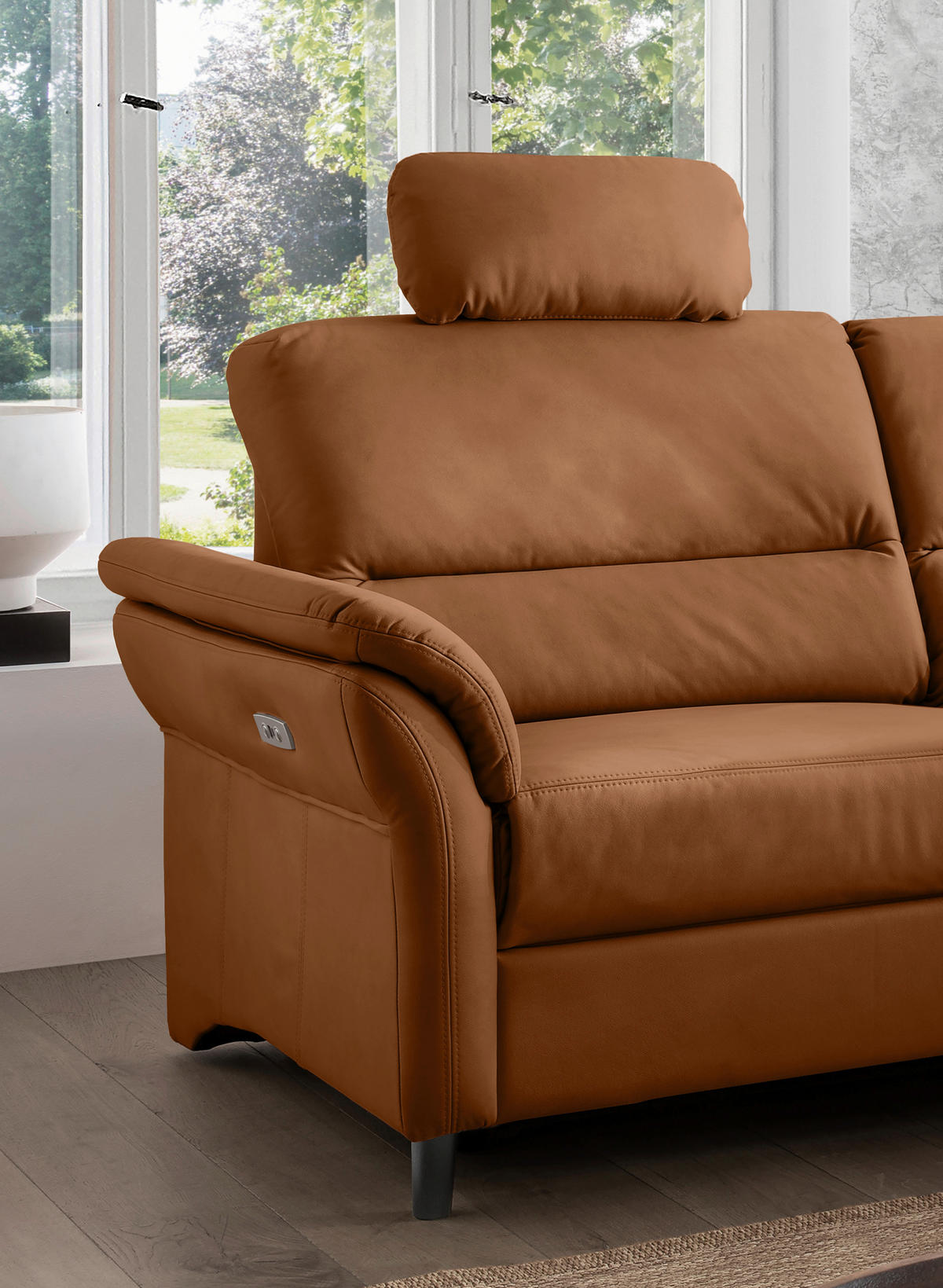 ECKSOFA in Lederlook Cognac  - Cognac/Schwarz, Modern, Holz/Textil (266/190cm) - Livetastic