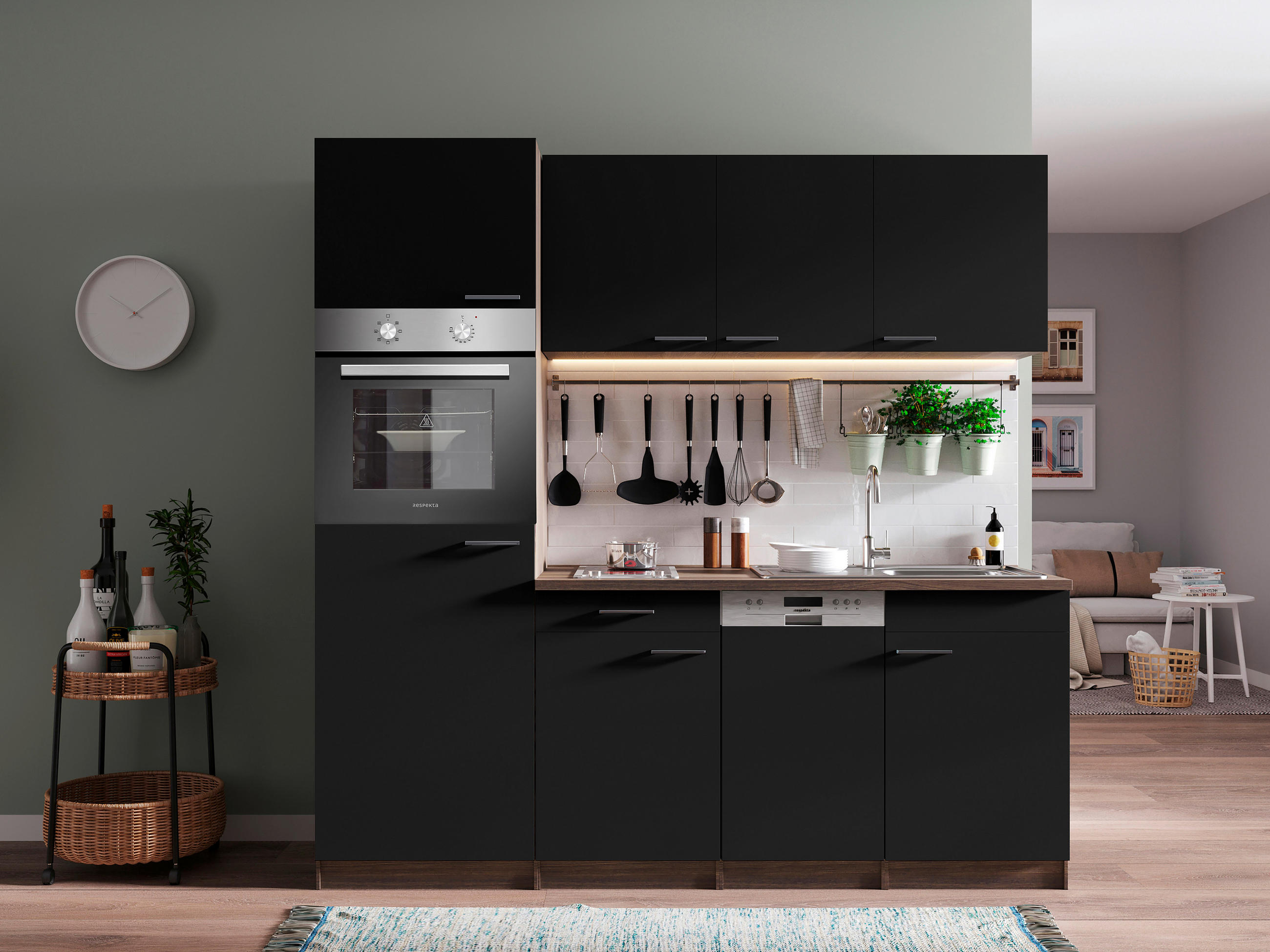 MODULKÖK 205 cm   i svart  - aluminiumfärg/svart, Basics, trämaterial/plast (205cm) - Respekta