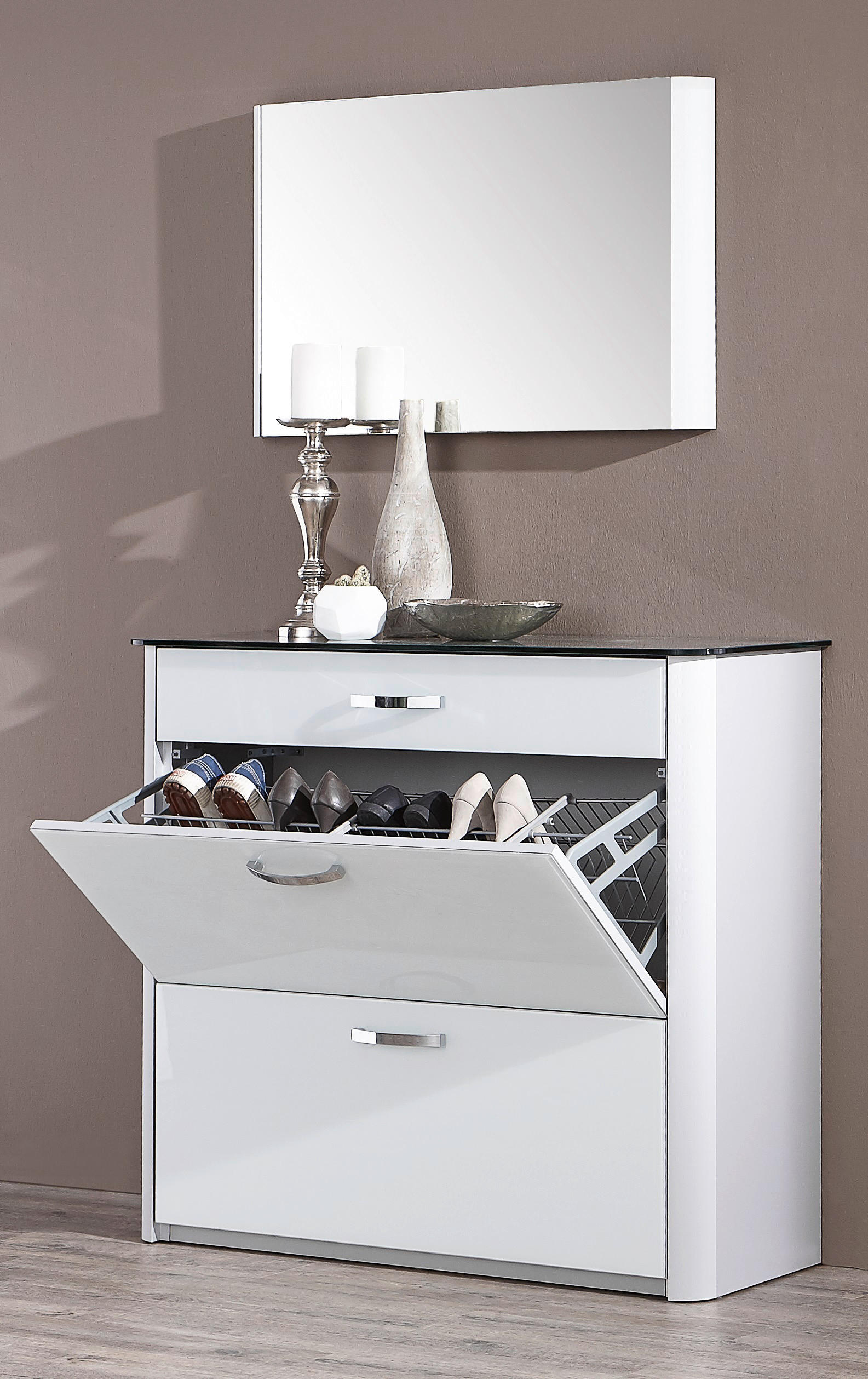 GARDEROBE 3-teilig  in 200/192/34 cm  - Weiß Hochglanz/Alufarben, Design, Glas/Holzwerkstoff (200/192/34cm) - Moderano