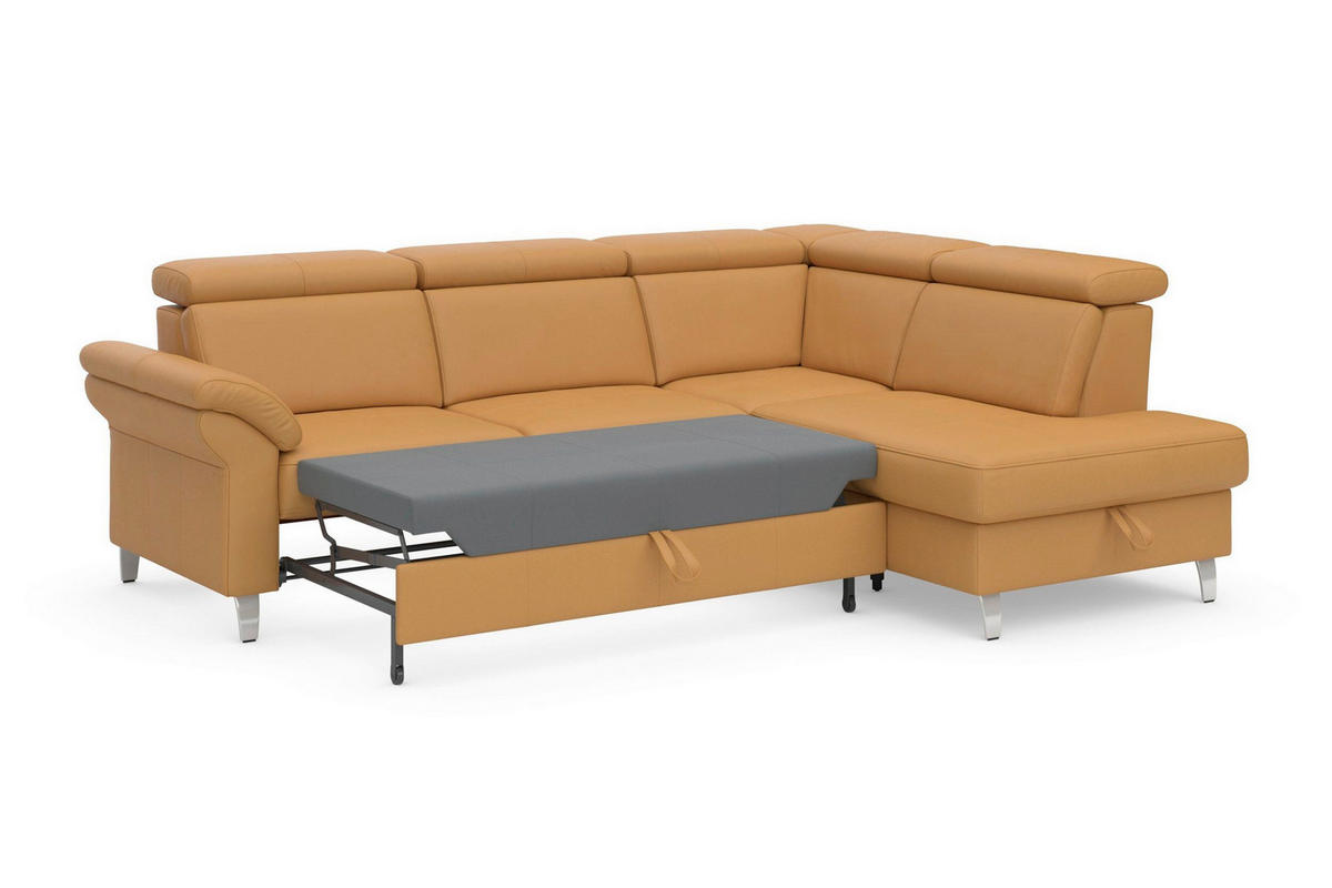 ECKSOFA 245/194 cm ARNGAST E in Mikrofaser Kombination Echtleder/Stoff Currygelb Bettkasten, Kopfteilverstellung  245/194 cm  - Chromfarben/Currygelb, Basics, Leder/Textil (245/194cm) - Sit & More