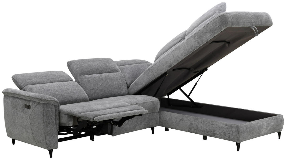 ECKSOFA Grau Chenille Relaxfunktion, Kopfteilverstellung, Stauraum  - Schwarz/Grau, Design, Textil/Metall (266/220cm) - Xora