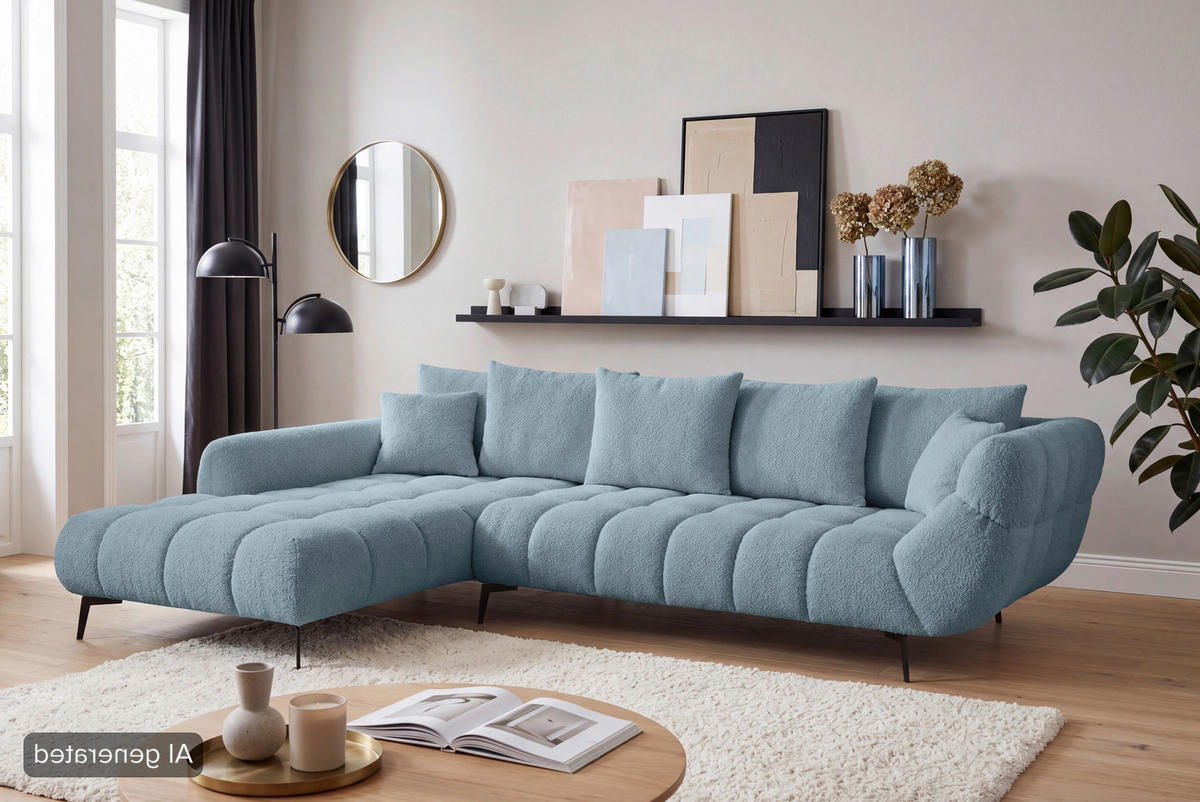 ECKSOFA Blaugrau Bouclé Zierkissen, Rückenkissen, Rücken echt  - Blaugrau/Schwarz, MODERN, Textil/Metall (217/318cm) - Carryhome