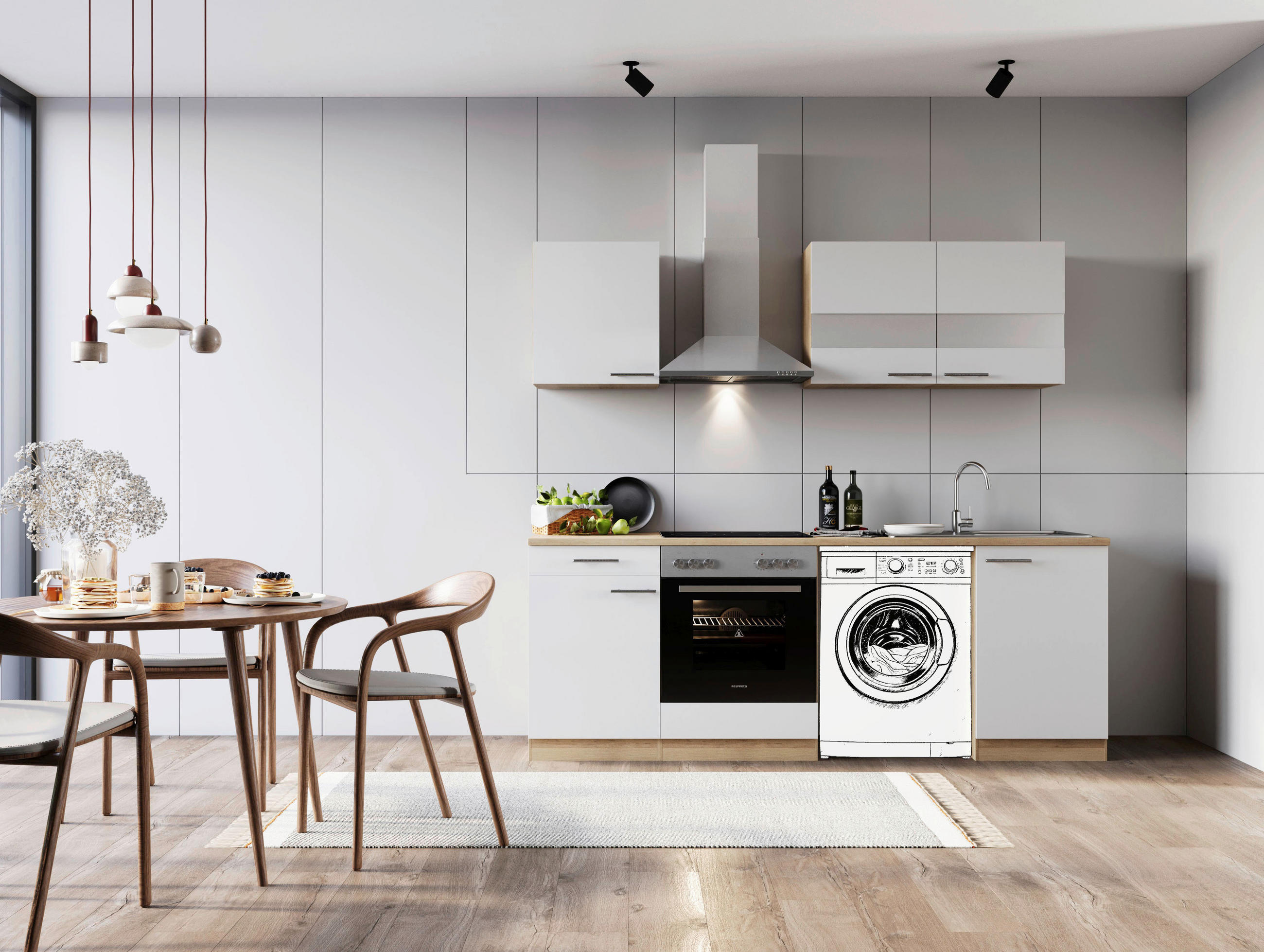 KÜCHENBLOCK 220 cm   in Weiß  - Edelstahlfarben/Eichefarben, Basics, Glas/Holzwerkstoff (220cm) - Respekta