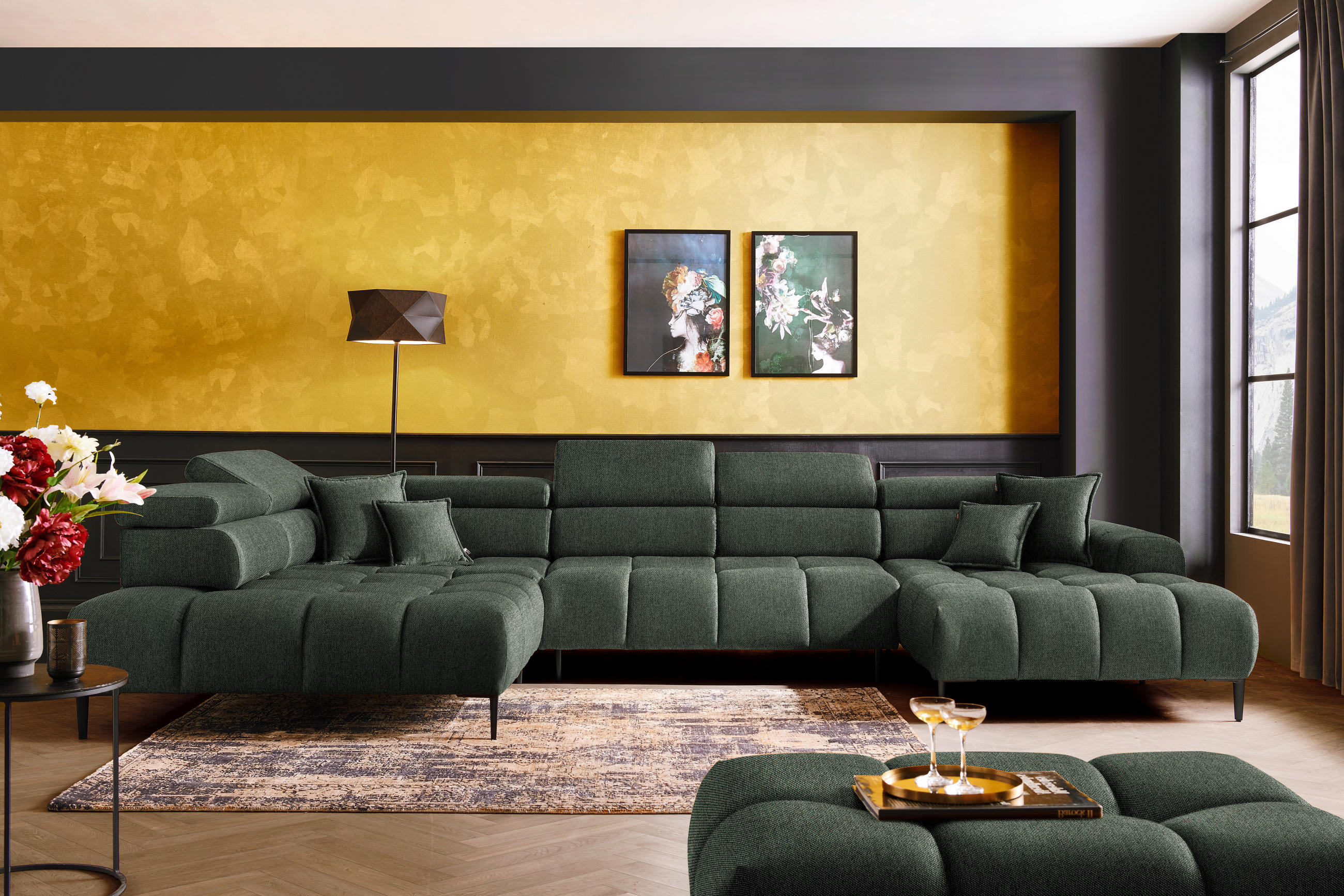 WOHNLANDSCHAFT Dunkelgrün Webstoff  - Dunkelgrün/Schwarz, Design, Textil/Metall (216/385/177cm) - Welnova