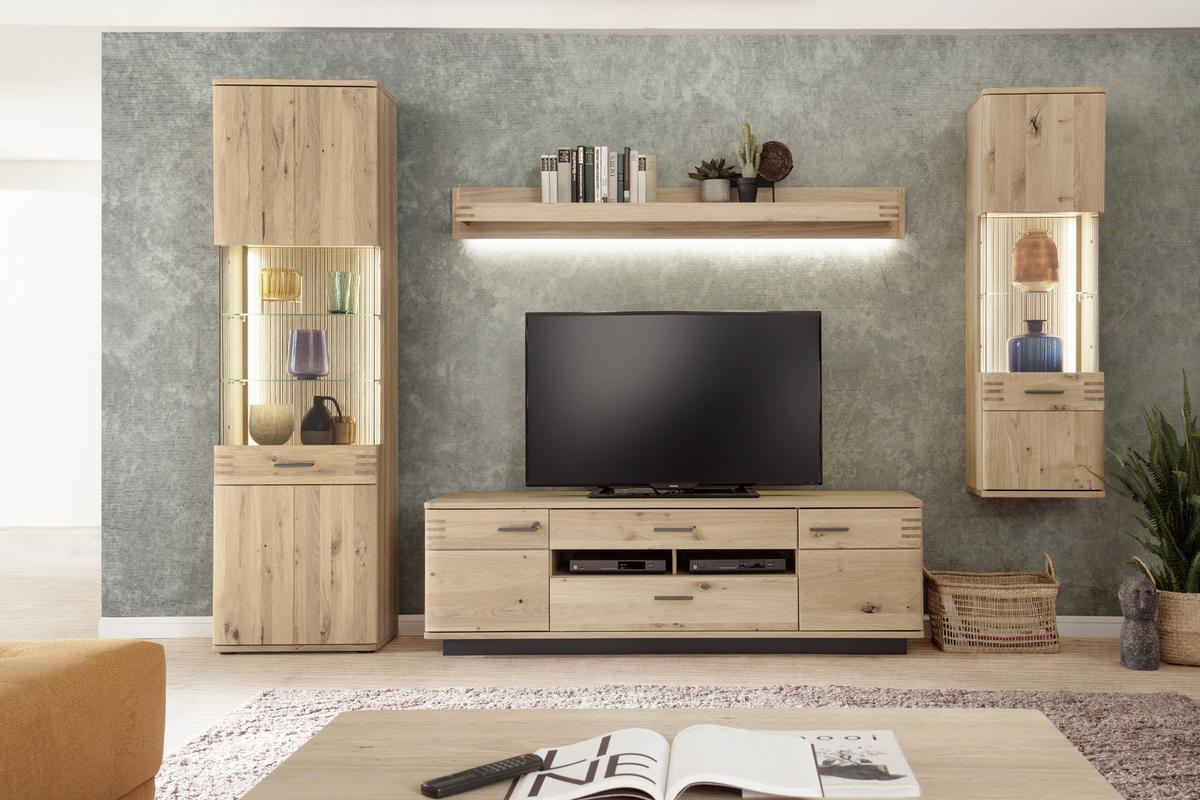 WOHNWAND  305/208/50 cm  in Eichefarben  - Eichefarben/Anthrazit, Design, Glas/Holz (305/208/50cm) - Livetastic