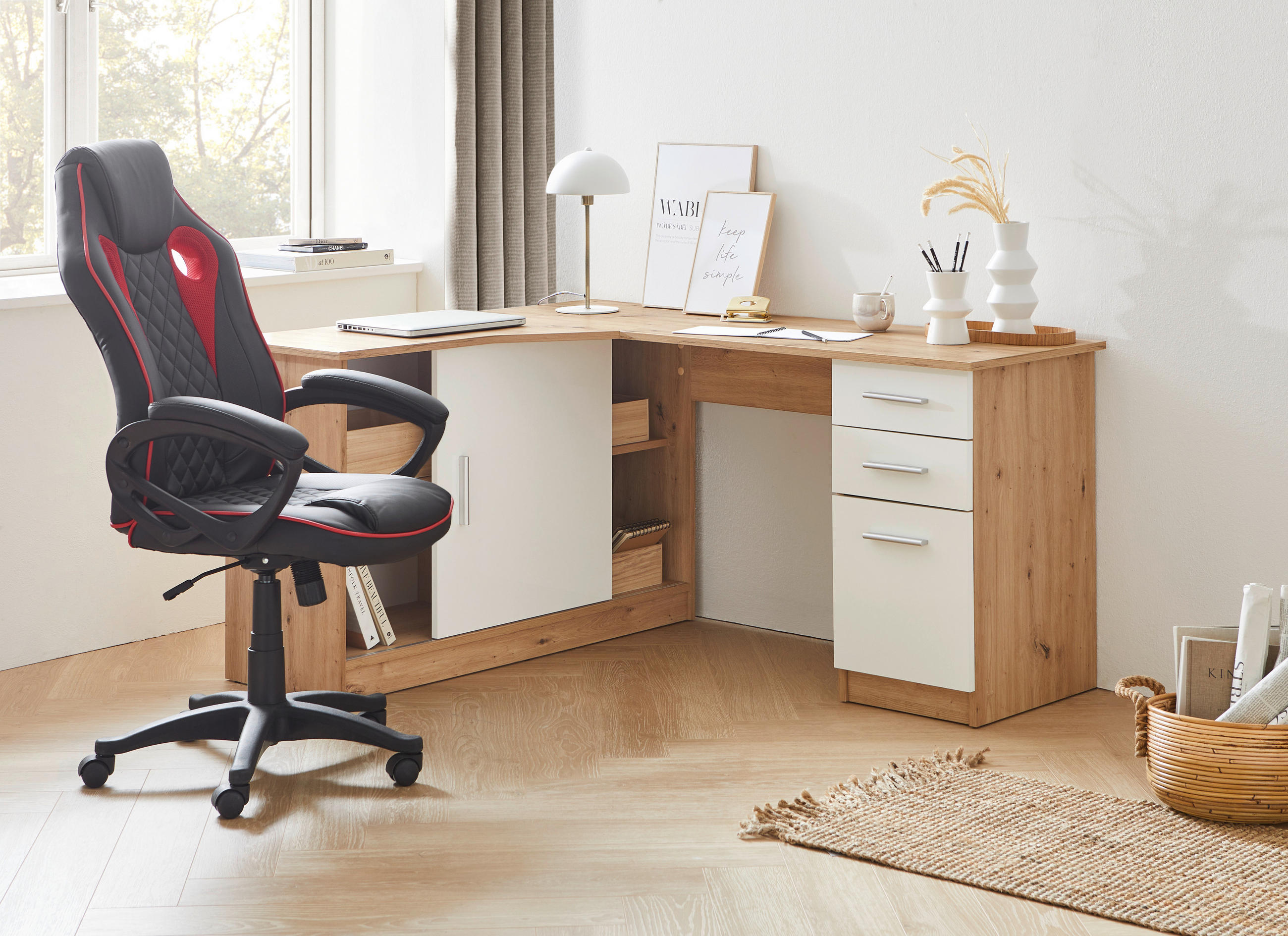 ECKSCHREIBTISCH 120/150/75 cm  in Weiß, Eichefarben  - Eichefarben/Alufarben, KONVENTIONELL, Holzwerkstoff/Kunststoff (120/150/75cm) - Venda