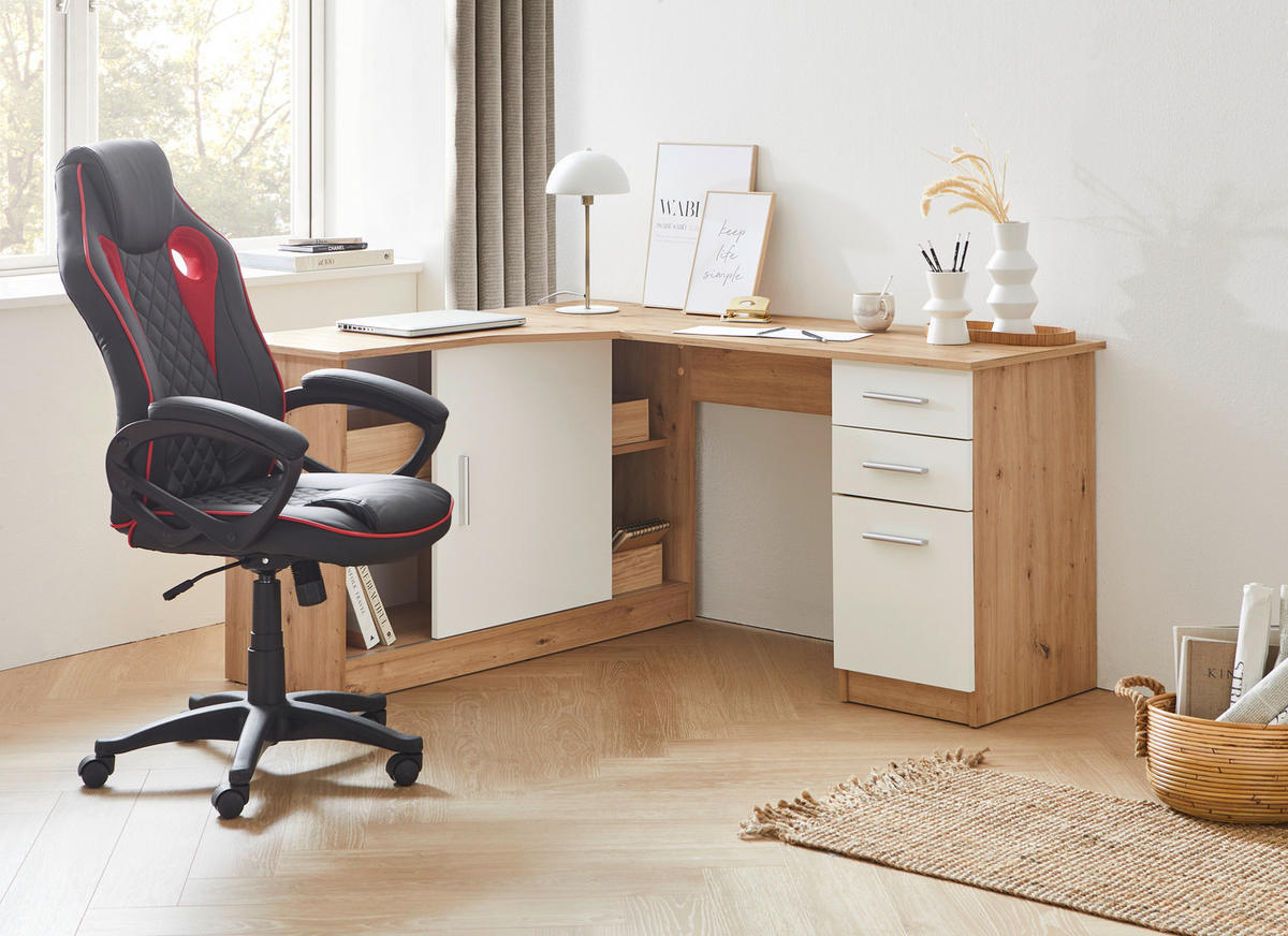 ECKSCHREIBTISCH 120/150/75 cm  in Weiß, Eichefarben  - Eichefarben/Alufarben, KONVENTIONELL, Holzwerkstoff/Kunststoff (120/150/75cm) - Venda