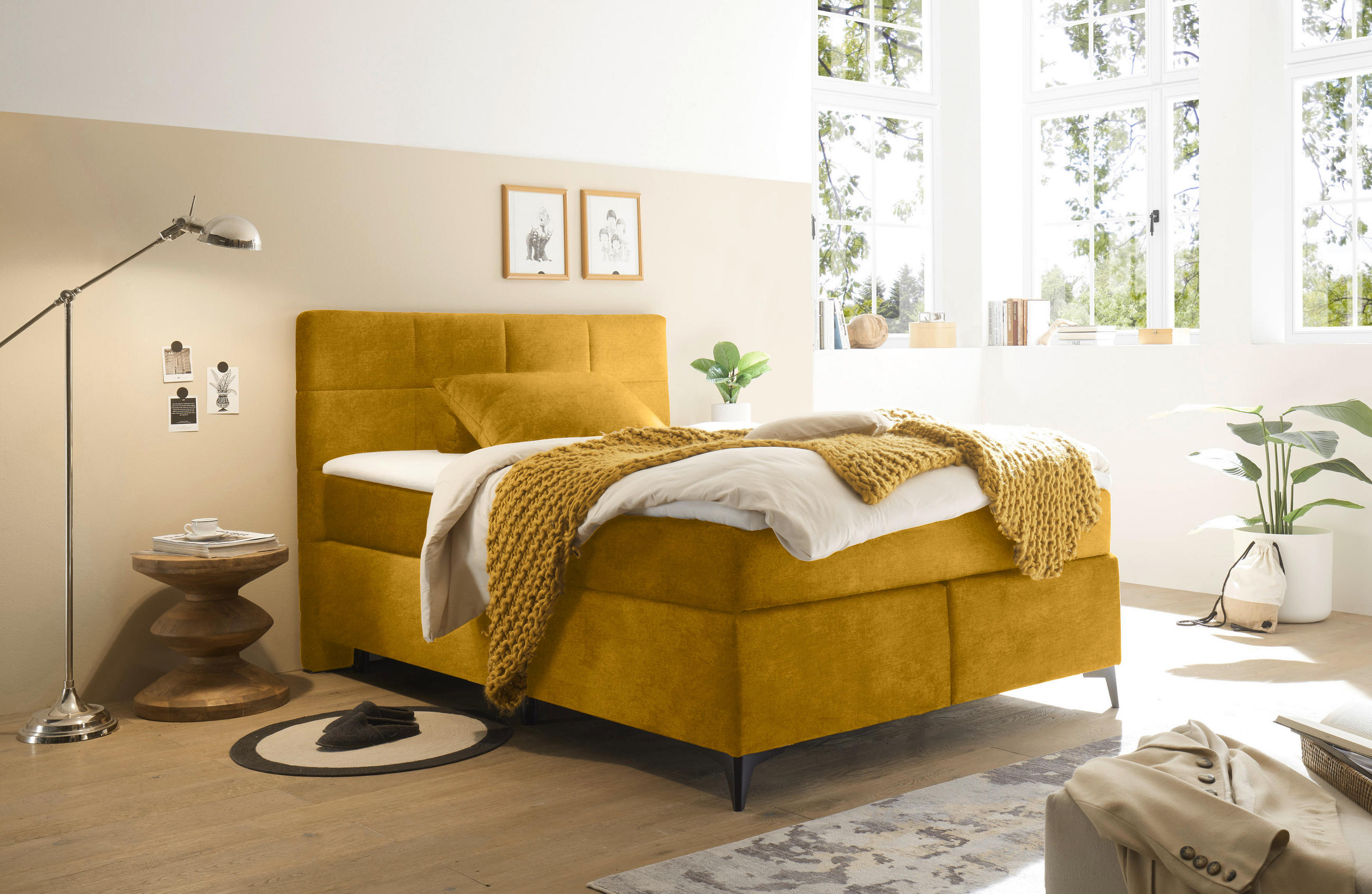 BOXSPRINGBETT 140/200 cm  in Currygelb  - Currygelb/Schwarz, Design, Holzwerkstoff/Kunststoff (140/200cm) - Xora