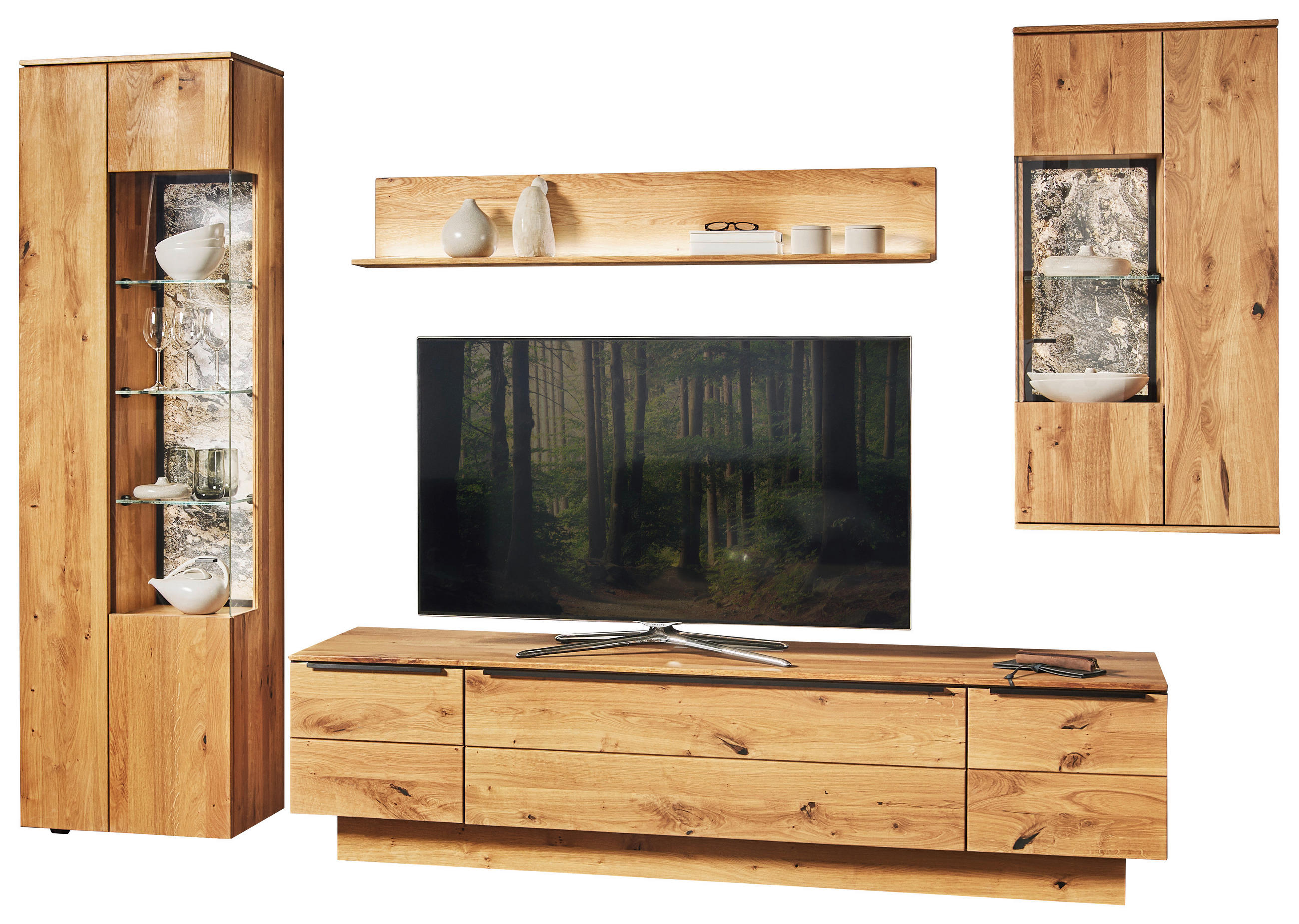 WOHNWAND  in Eichefarben 320/205,7/53,7 cm  - Eichefarben/Schwarz, Natur, Glas/Holz (320/205,7/53,7cm) - Valnatura