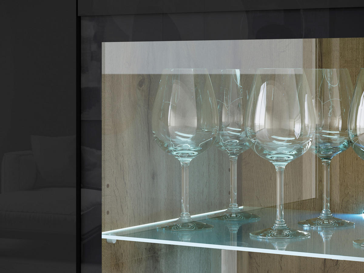 HIGHBOARD Vera, 120/103,3/39,5 cm,  - Schwarz Hochglanz/Eiche Wotan, Trend, Glas/Holzwerkstoff (120/103,3/39,5cm) - P & B