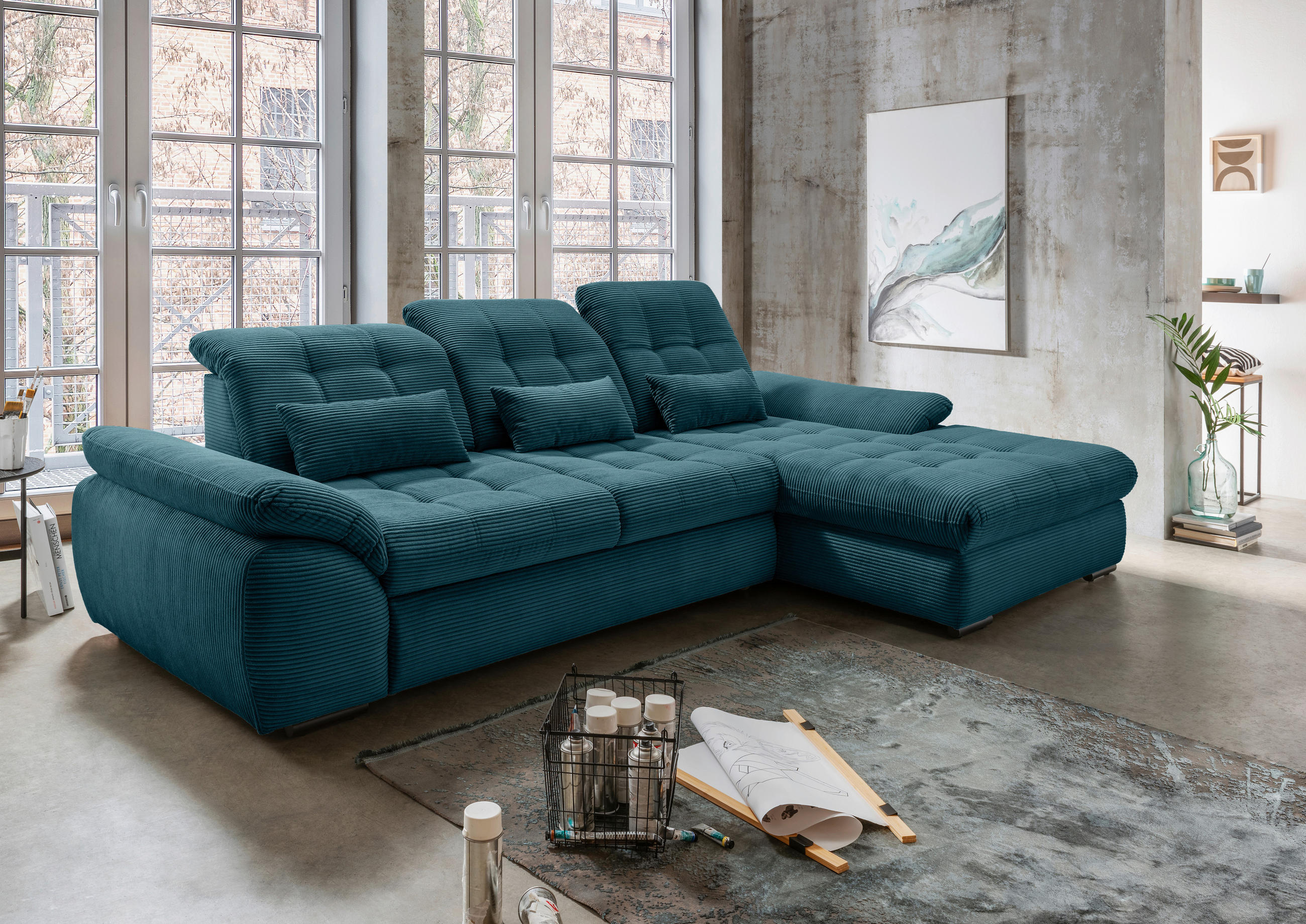 ECKSOFA in Cord Petrol  - Petrol/Schwarz, Modern, Textil/Metall (314/184cm) - Livetastic