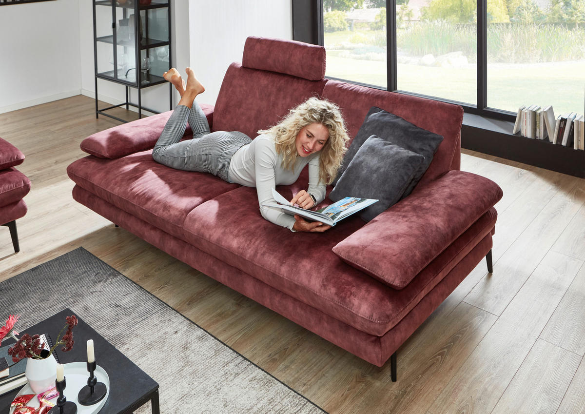 2,5-SITZER in Velours Dunkelrot  - Beige/Schwarz, Design, Textil/Metall (196/89/104cm) - Dieter Knoll