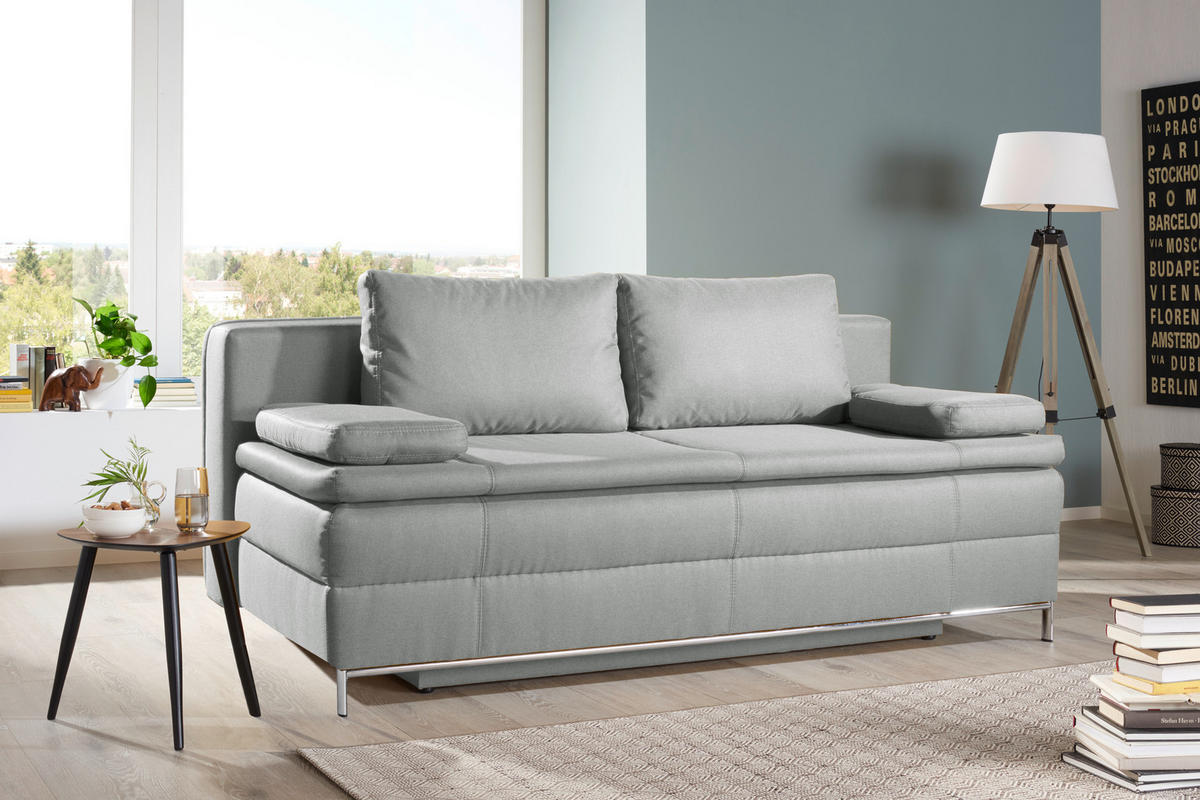 BOXSPRINGSOFA  mit Stoffauswahl, Schlafen auf Sitzhöhe Flachgewebe Hellgrau  - Chromfarben/Hellgrau, Design, Textil/Metall (200/93/107cm) - Novel