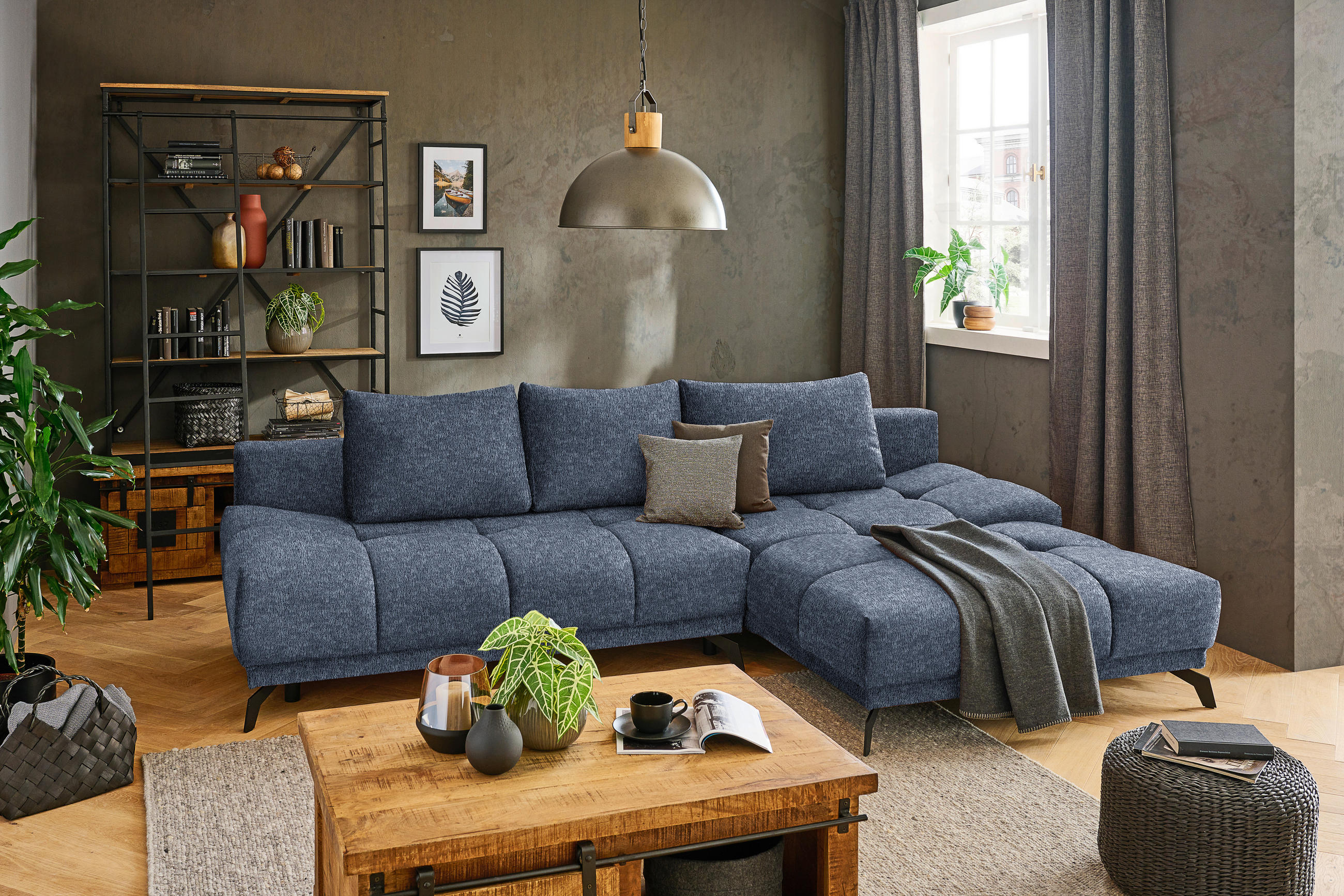 ECKSOFA in Chenille Dunkelblau  - Schwarz/Dunkelblau, MODERN, Textil/Metall (290/182cm) - Hom`in