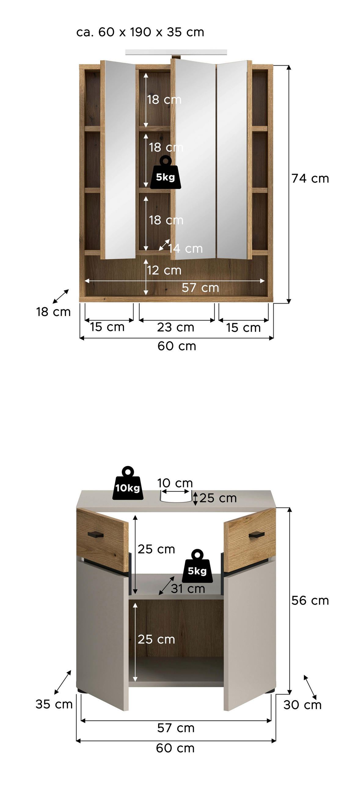 Baie 2 piese, 60 cm - cașmir/culoare lemn stejar, Trend, plastic/sticlă (60cm) - MID.YOU