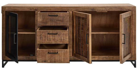 SIDEBOARD Mangoholz massiv Naturfarben, Hellbraun  - Hellbraun/Schwarz, Design, Glas/Holz (175/80/40cm) - Carryhome