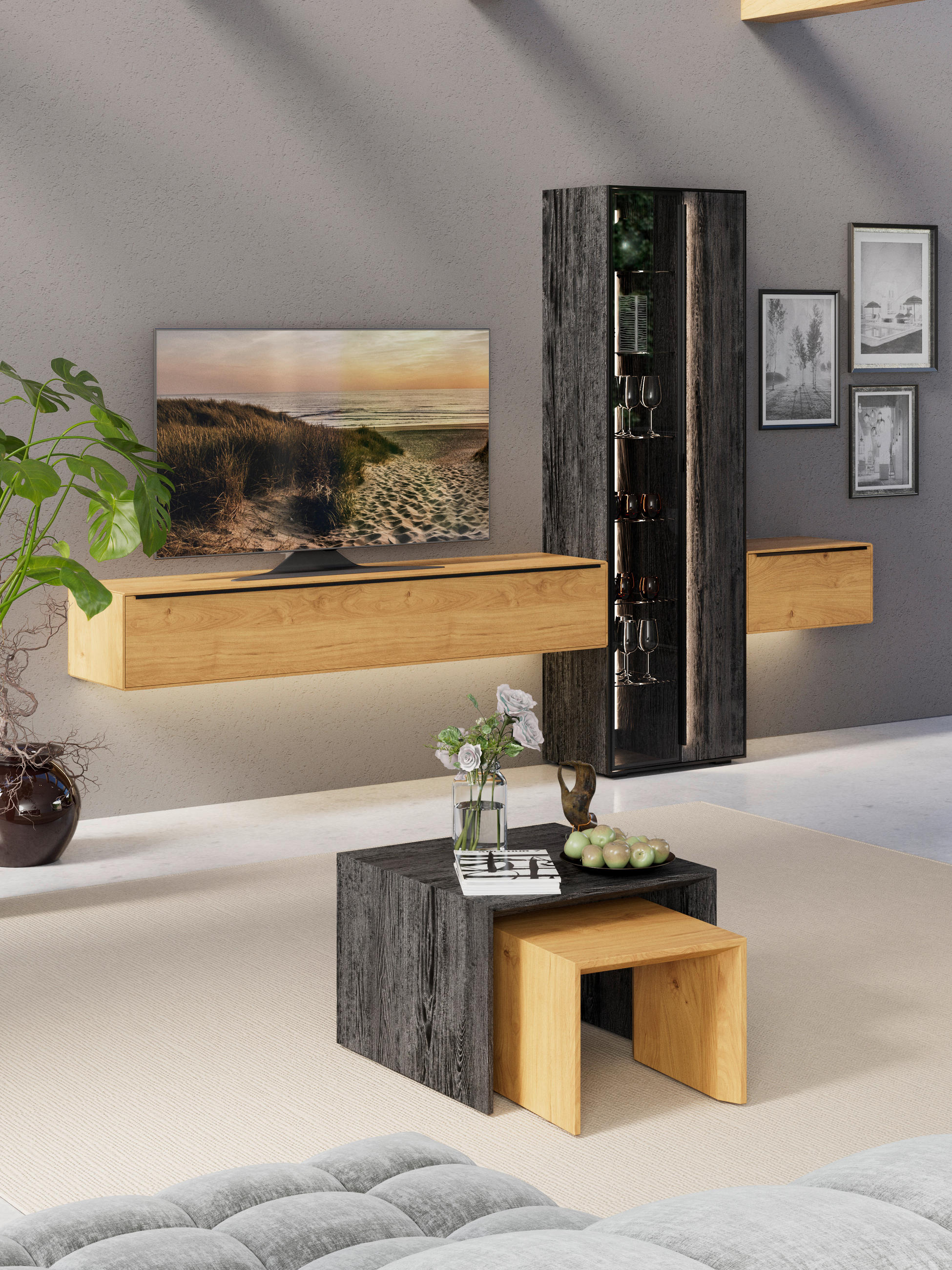 WOHNWAND  in Schwarz, Eichefarben  306/205,5/39,5 cm  - Eichefarben/Anthrazit, Natur, Glas/Holz (306/205,5/39,5cm) - Valnatura