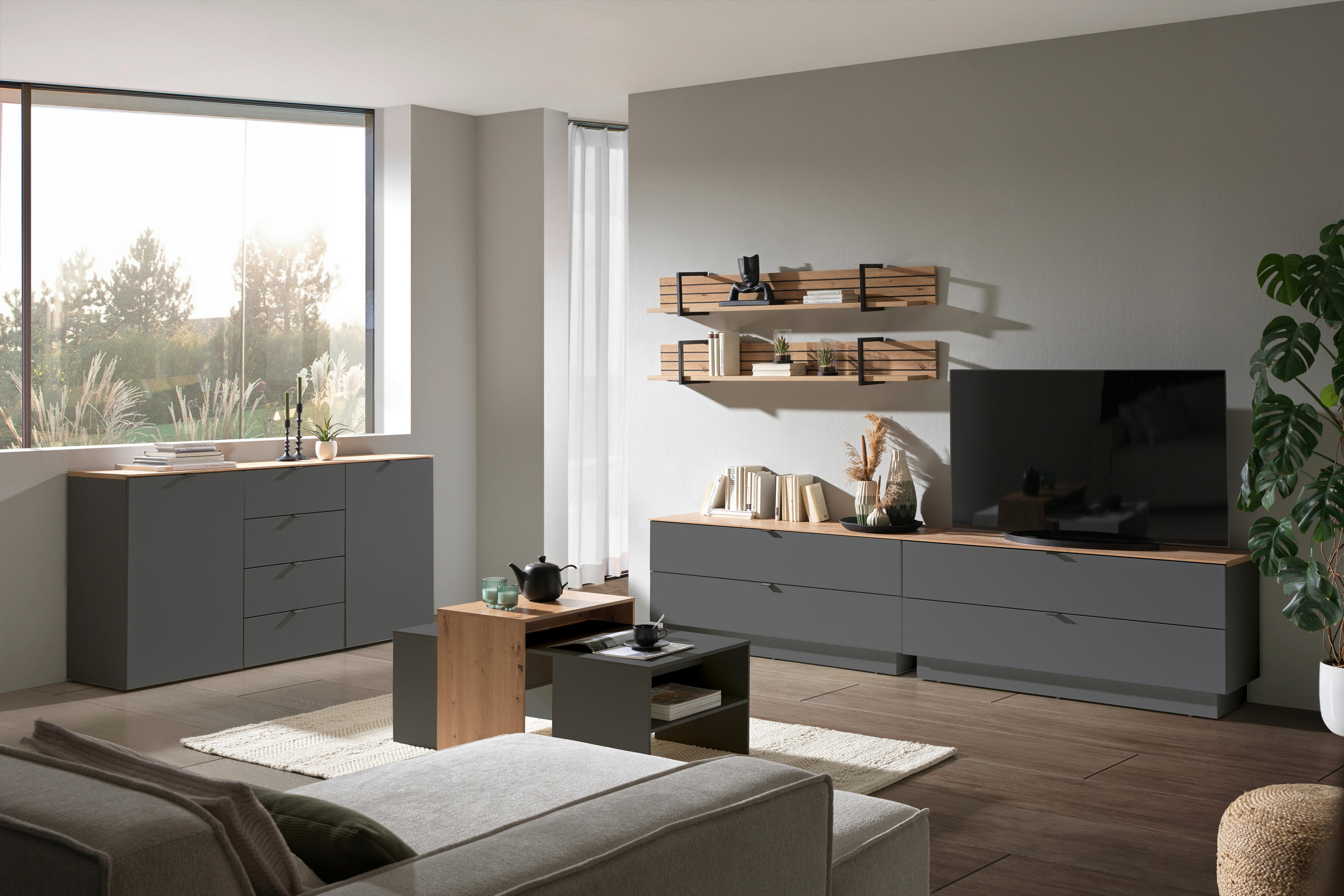 KOMODA POD TELEVIZI, barvy grafitu, dub artisan, 140/62/44 cm - černá/barvy grafitu, Moderní, kov/kompozitní dřevo (140/62/44cm) - Hom`in