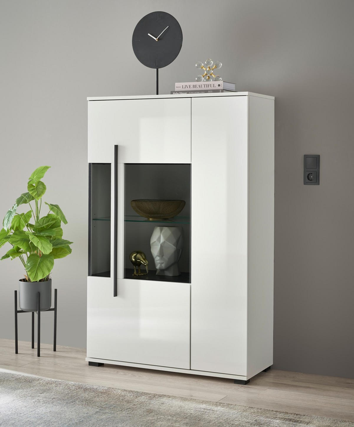 VITRINE  in Weiß Hochglanz  - Weiß Hochglanz/Schwarz, Design, Glas/Holzwerkstoff (90/140/37cm) - Livetastic