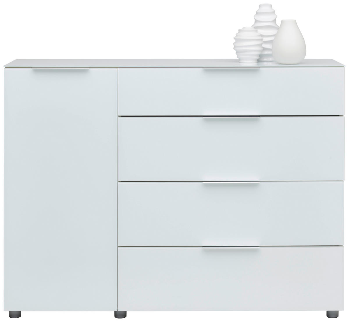 KOMODA   135/101/40 cm   bijela visoki sjaj  - siva/boje kroma, Basics, staklo/drvni materijal (135/101/40cm) - Voleo