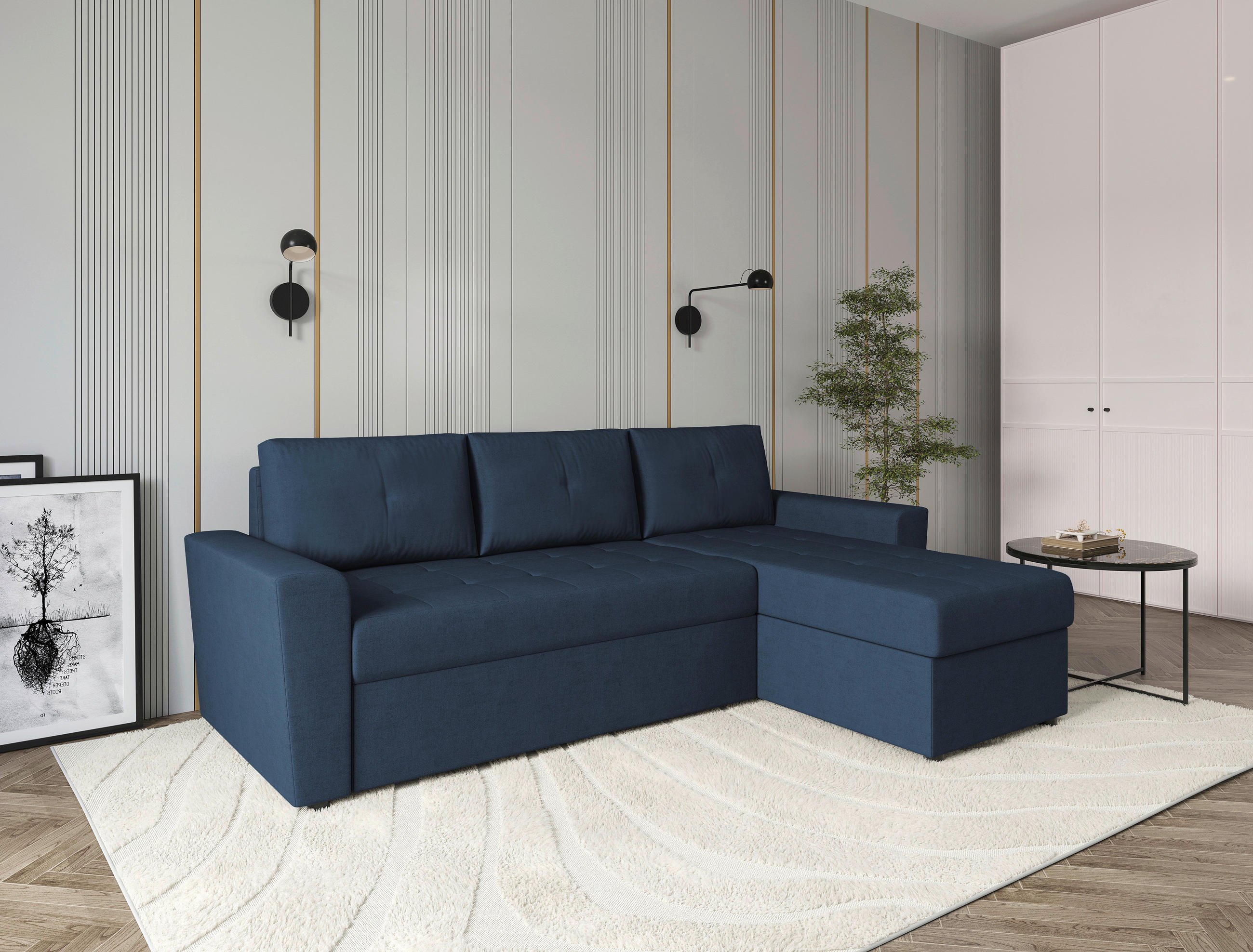 ECKSOFA TERMOLI Dunkelblau Jacquard Rückenkissen, Bettkasten  - Schwarz/Dunkelblau, Design, Kunststoff/Textil (231/155cm) - MID.YOU