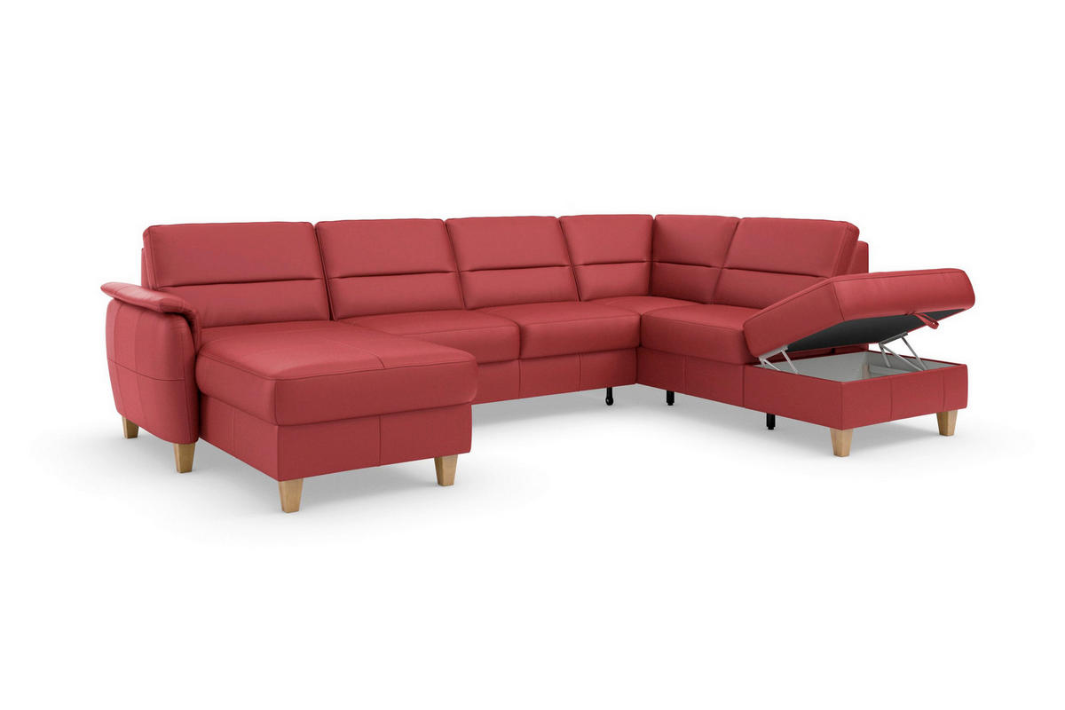SEDACIA SÚPRAVA, textil, koža, červená - farba duba/červená, Basics, koža/drevo (163/308/212cm) - Sit & More
