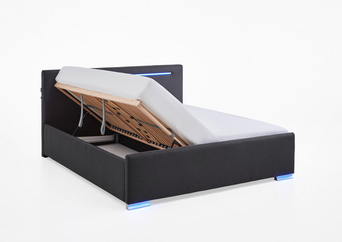 POLSTERBETT 180/200 cm,  in Anthrazit, Beleuchtung, Lattenrost, Bettkasten,  - Birkefarben/Anthrazit, Design, Holz/Kunststoff (180/200cm) - Boxxx
