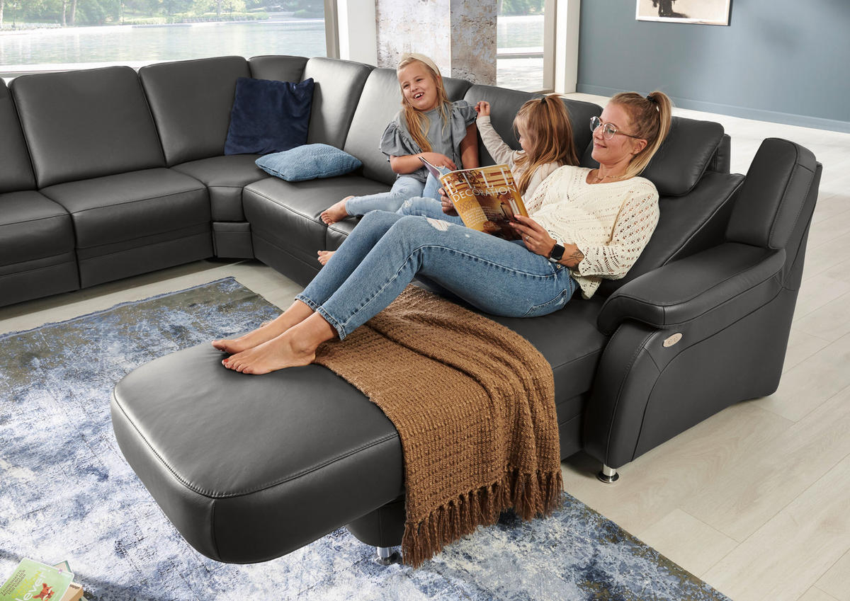 WOHNLANDSCHAFT in Echtleder Anthrazit  - Anthrazit/Alufarben, Konventionell, Leder/Metall (239/329/165cm) - Beldomo Premium