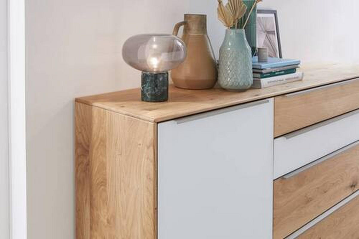 SIDEBOARD Weiß, Eichefarben  183/91/43 cm  - Eichefarben/Silberfarben, Design, Glas/Holz (183/91/43cm) - Waldwelt