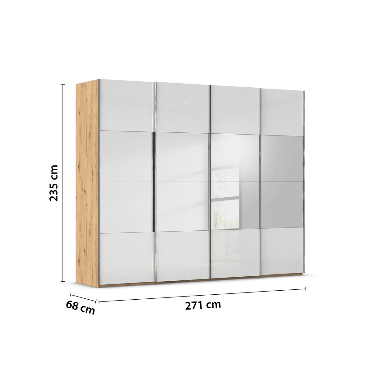 SCHWEBETÜRENSCHRANK 271/235/68 cm 4-türig Weiß, Eiche Artisan  - Chromfarben/Weiß, Design, Glas/Holzwerkstoff (271/235/68cm) - Novel