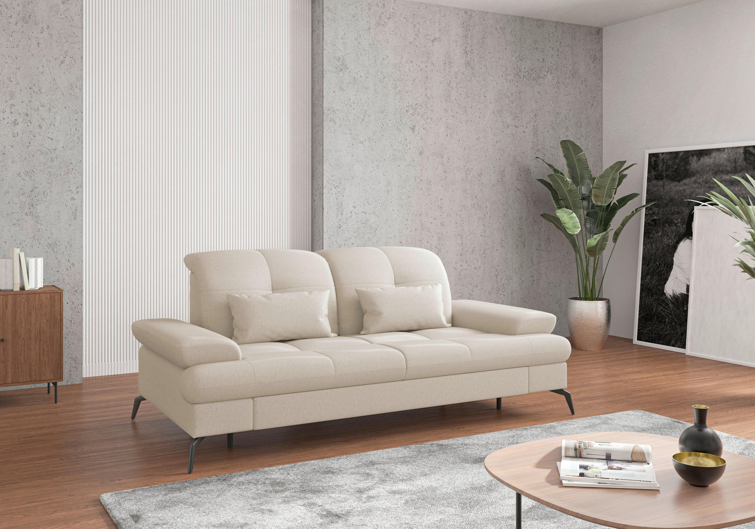 2,5-SITZER in Flachgewebe Creme  - Creme/Schwarz, Konventionell, Textil/Metall (202/90/122cm) - Sit & More