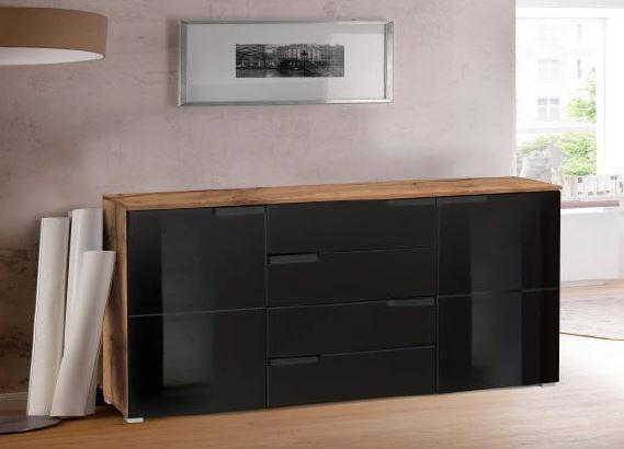 COMODĂ 165/80/40 cm  - negru lucios intens/culoare aluminiu, Basics, plastic/material pe bază de lemn (165/80/40cm) - Hom`in