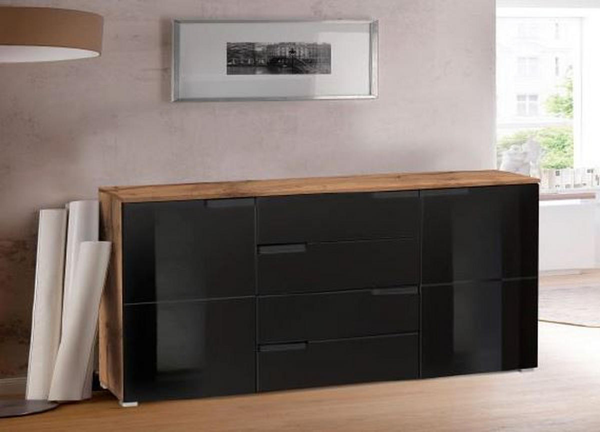 COMODĂ 165/80/40 cm  - negru lucios intens/culoare aluminiu, Basics, plastic/material pe bază de lemn (165/80/40cm) - Hom`in