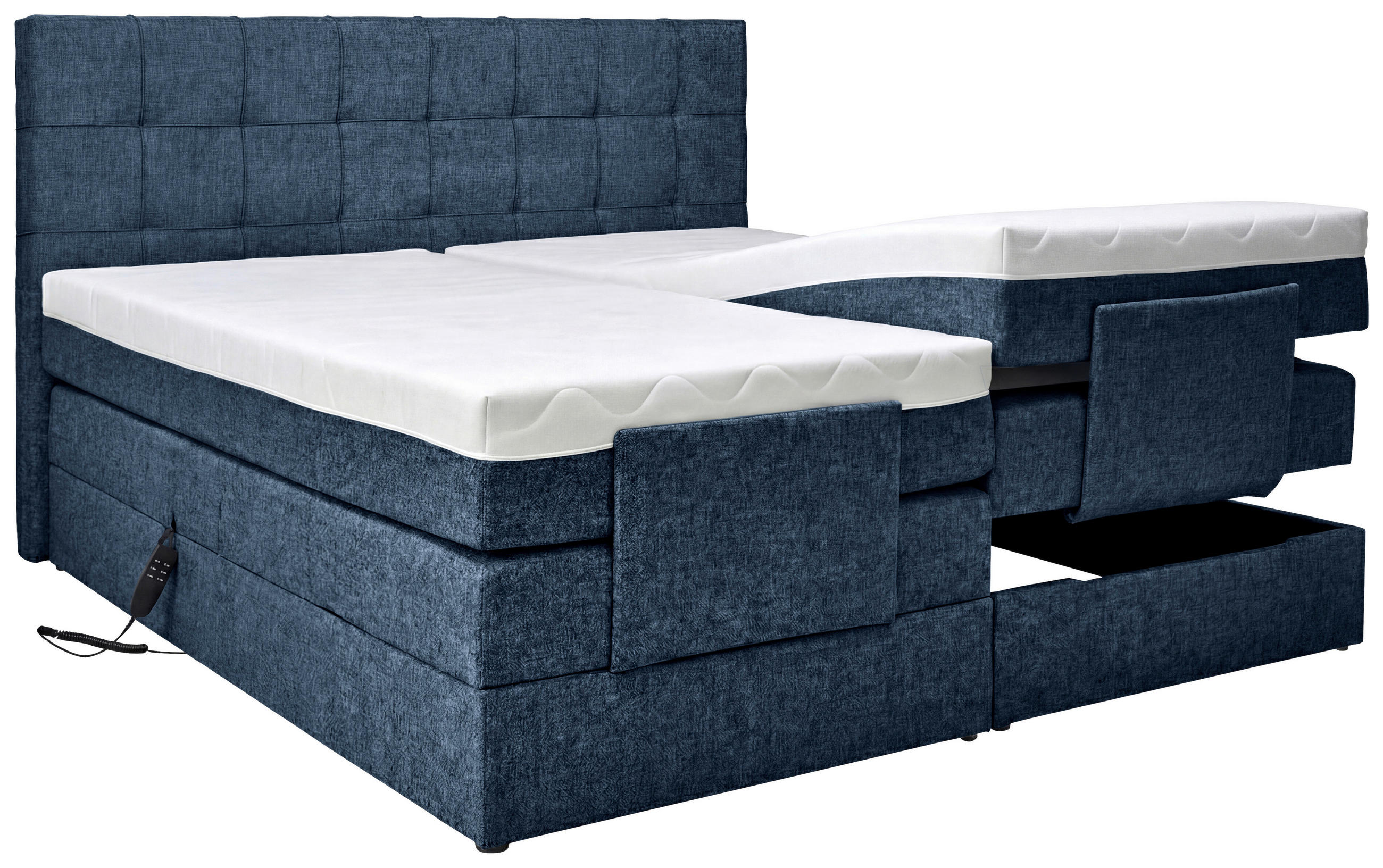 BOXSPRINGBETT 180/200 cm,  in Dunkelblau, gepolstertes Kopfteil, Topper, motorische Verstellbarkeit, Fernbedienung, Matratzen, H3 = fest  - Schwarz/Dunkelblau, KONVENTIONELL, Kunststoff/Textil (180/200cm) - Moderano