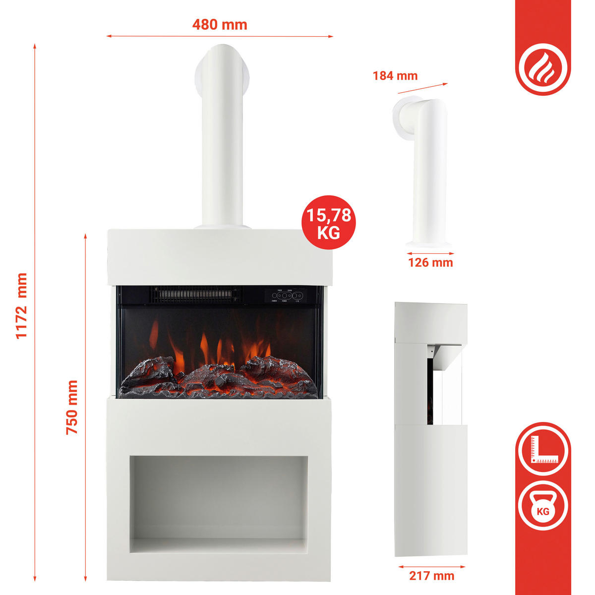 ELEKTROKAMIN - Weiß, Basics, Glas/Metall (48,0/117,2/21,7cm)