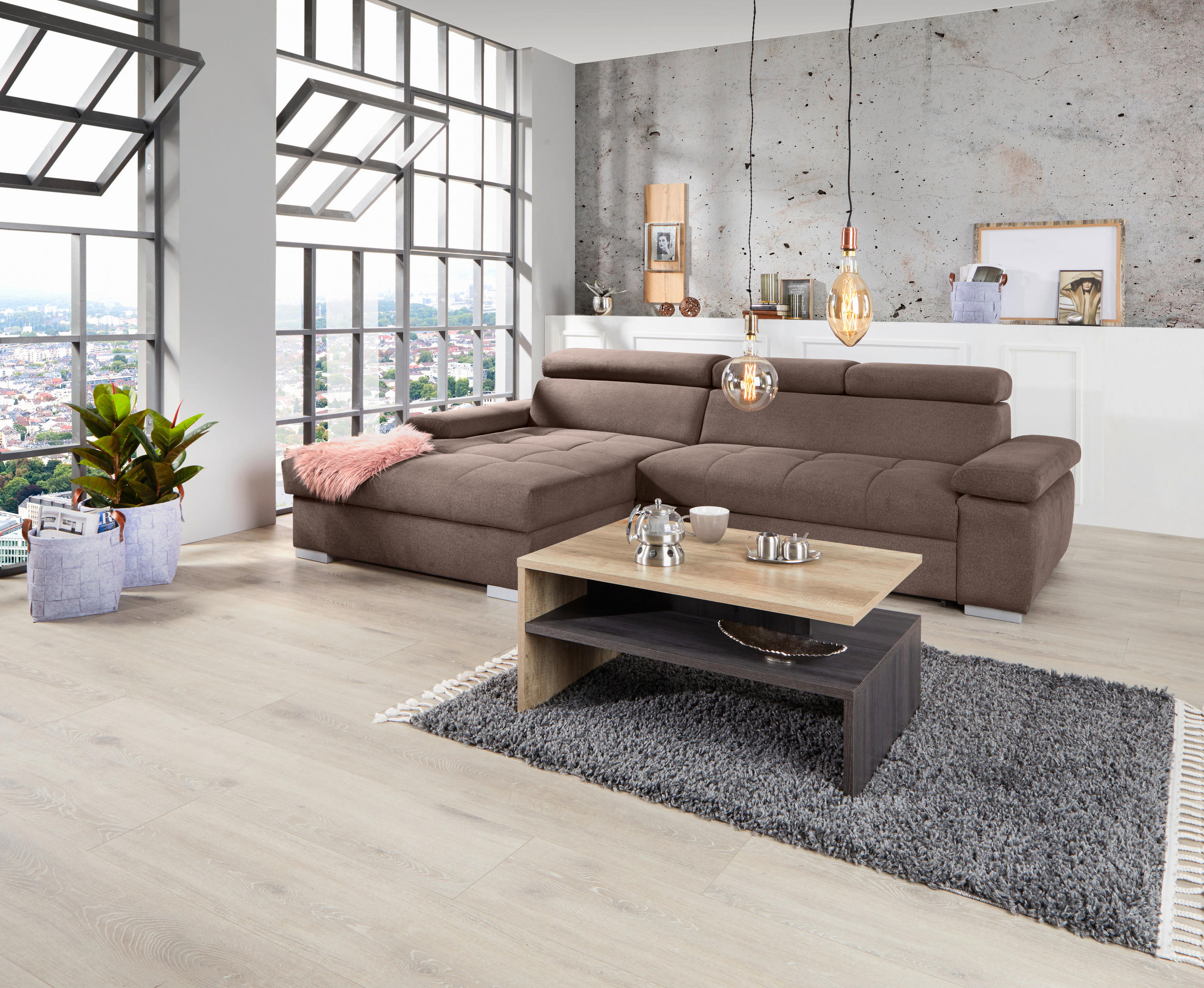 ECKSOFA Braun Velours  - Silberfarben/Braun, Design, Holz/Textil (183/292cm) - Livetastic